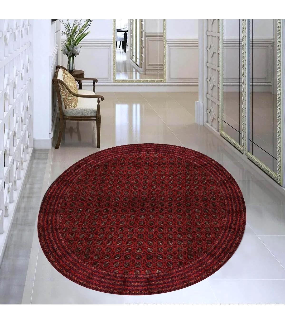 Rovigo Home RVG7343-HT645 Kırmızı 8 mm Polyester Antibakteriyel-Leke Tutmaz-Toz Tutmaz Yıkanabilir İnce Kaymaz Dot Taban Yuvarlak Makine Dokuma Salon Halısı 160x160 cm