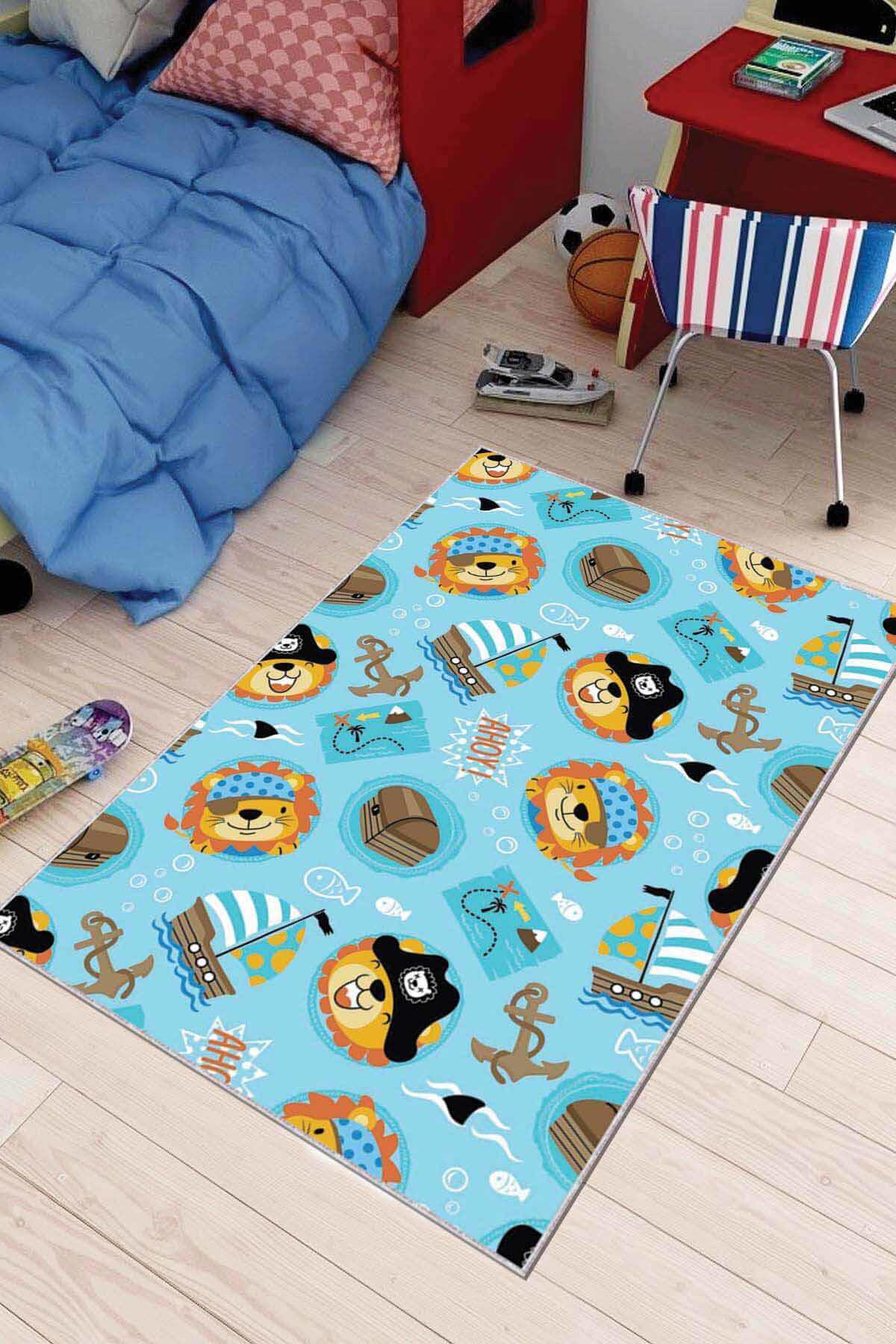 Viva Home AR051 Mavi 7 mm Mikropolyester Leke tutmaz Yıkanabilir İnce Kaymaz Dot Taban Dikdörtgen Makine Dokuma Çocuk Odası Halısı 180x180 cm