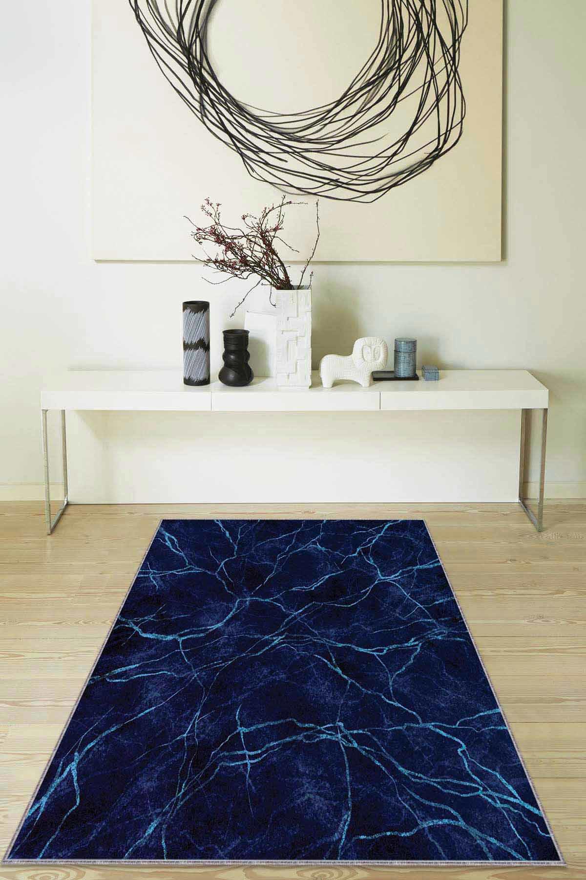 Viva Home RV128 Lacivert 7 mm Mikropolyester Leke tutmaz Yıkanabilir İnce Kaymaz Dikdörtgen Makine Dokuma Salon Halısı 180x180 cm