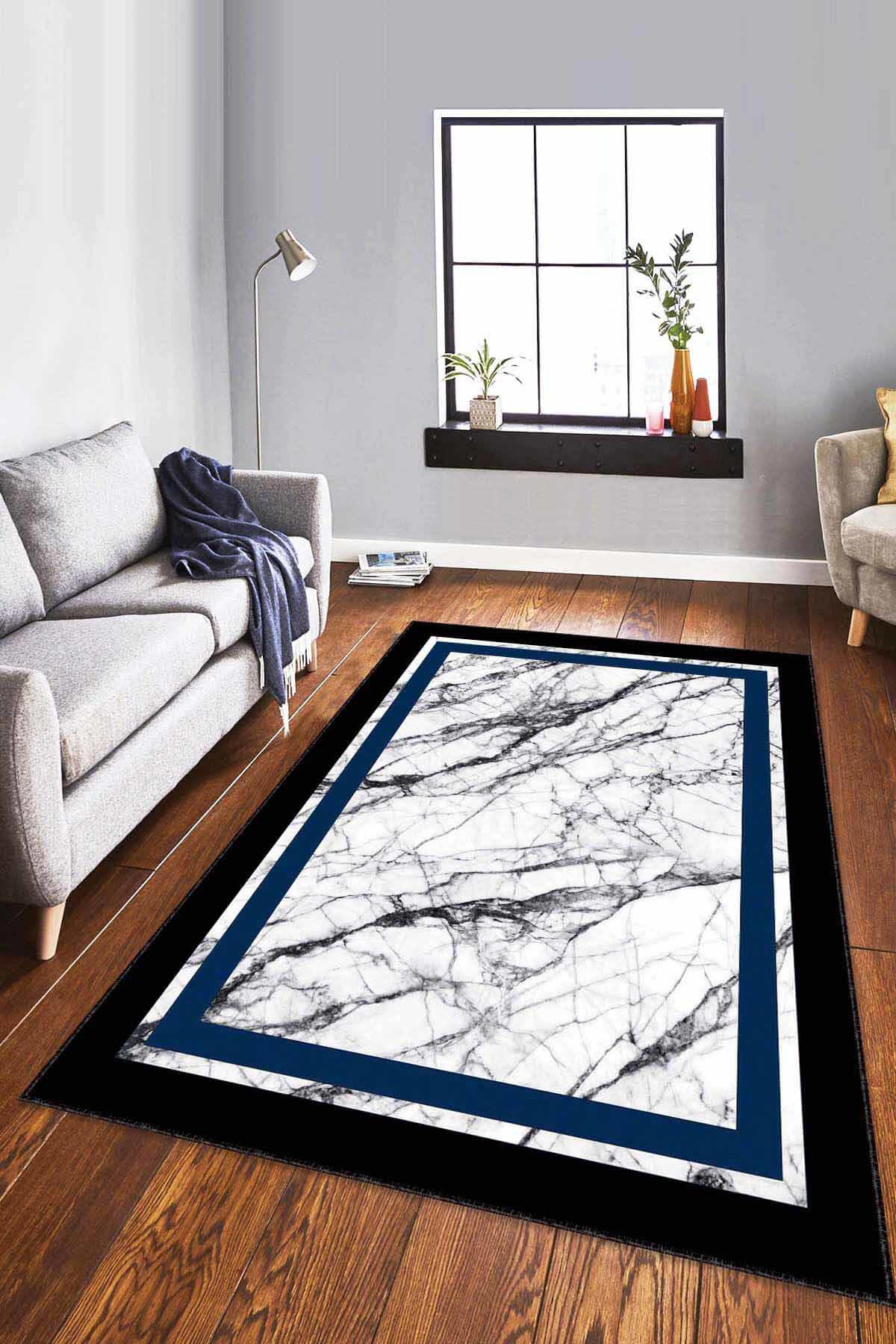 Viva Home RV110 Lacivert 7 mm Mikropolyester Leke tutmaz Yıkanabilir İnce Kaymaz Dikdörtgen Makine Dokuma Salon Halısı 180x180 cm