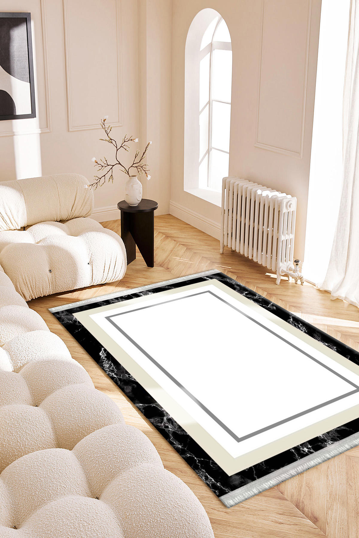 Roslyn Home Krem 6 mm Polyester Toz Tutmaz Yıkanabilir İnce Kaymaz Dot Taban Dikdörtgen Makine Dokuma Salon Halısı 160x233 cm