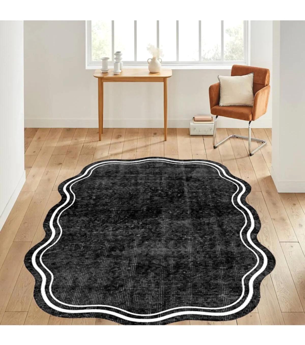 Rovigo Home RVG7036-SD246 Beyaz - Siyah 8 mm Polyester Yıkanabilir Orta Kaymaz Dot Taban Dikdörtgen Makine Dokuma Salon Halısı 180x180 cm