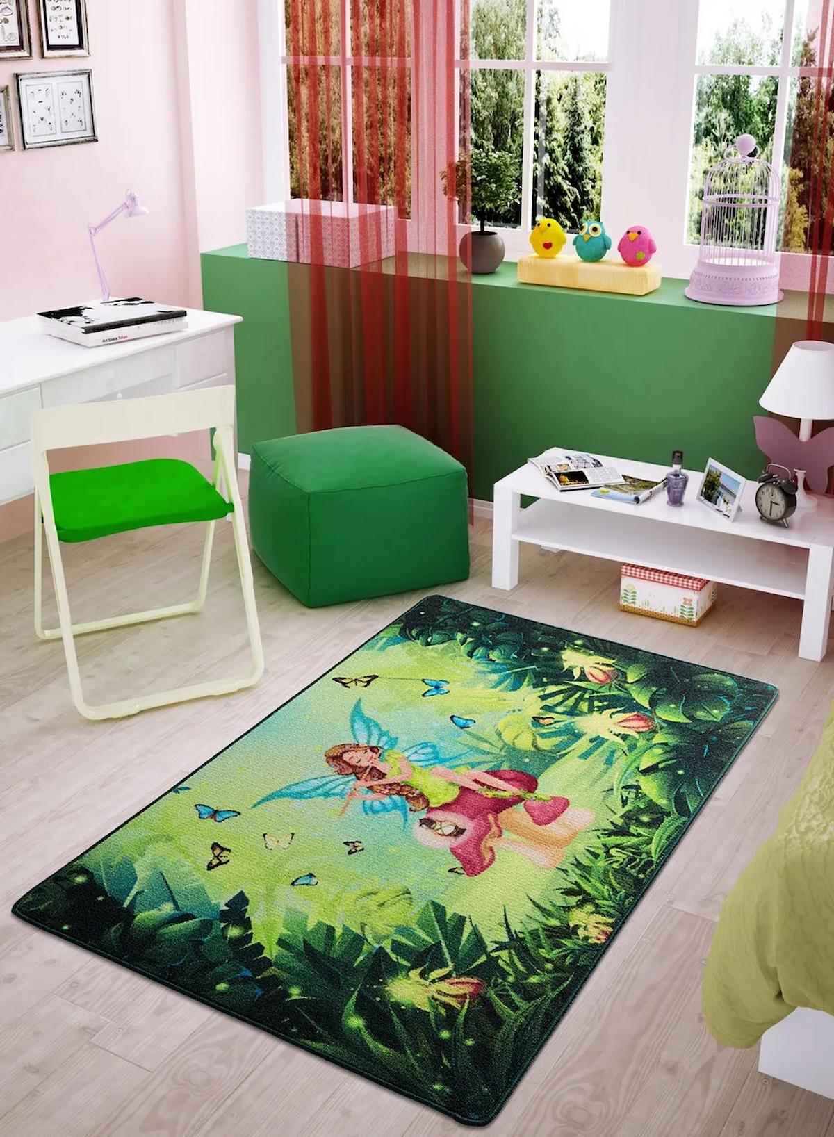 Confetti Fairy Song Yeşil 6 mm Silinebilir Yıkanabilir Kaymaz Figürlü Dikdörtgen Makine Dokuma Çocuk Odası Halısı 80x150 cm