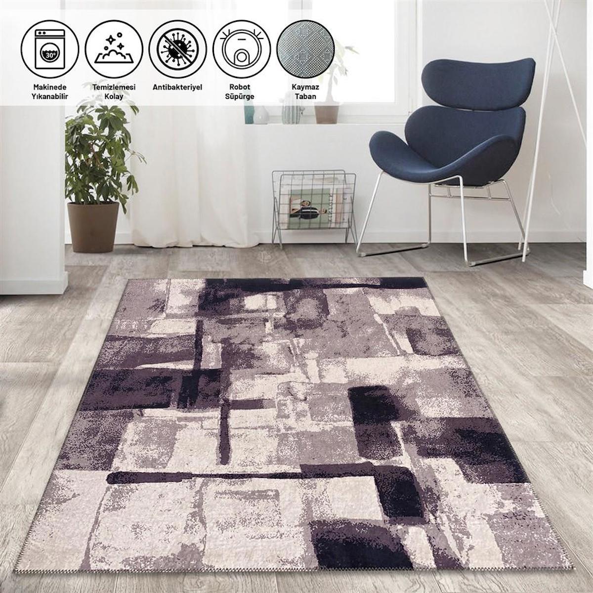 Carpettex Gri 6 mm Polyester Antibakteriyel Yıkanabilir Kalın Kaymaz Dot Taban Dikdörtgen Makine Dokuma Salon Halısı 120x180 cm