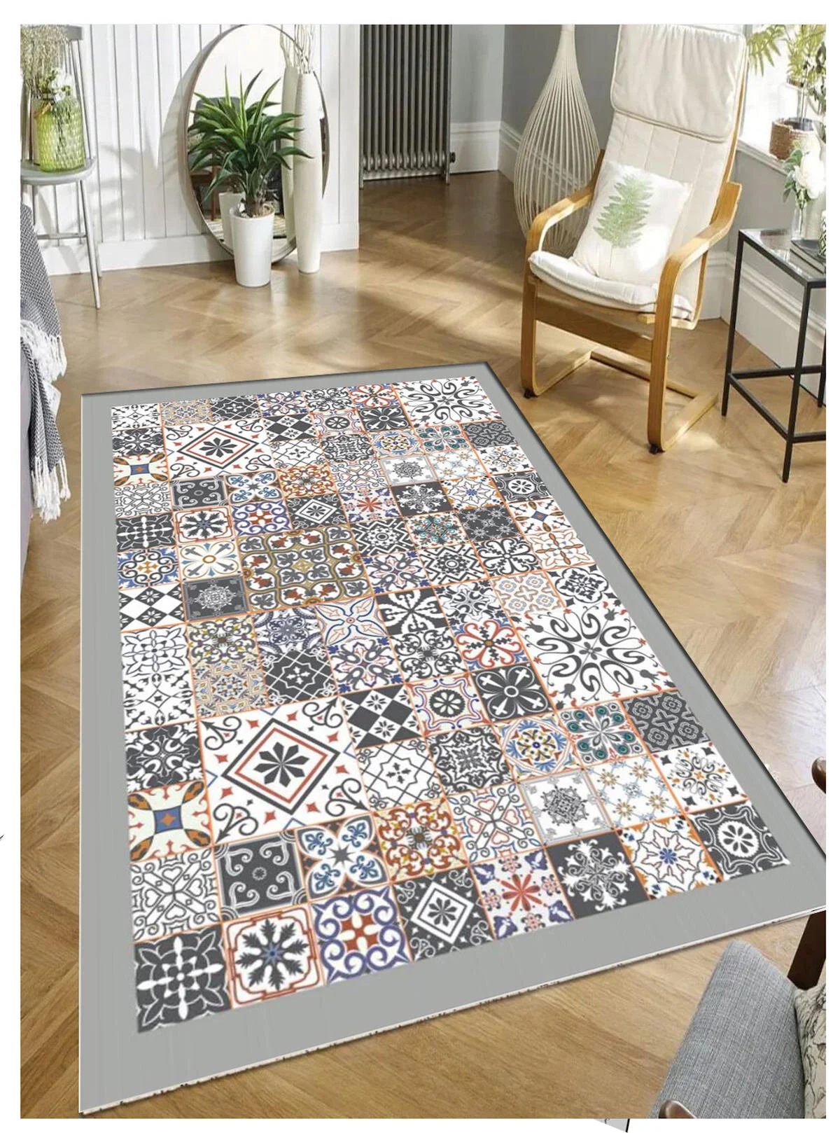 Sty Home Gri-Mavi 0.8 mm Polyester Antibakteriyel Yıkanabilir İnce Kaymaz Taban Dikdörtgen Makine Dokuma Salon Halısı 80x140 cm