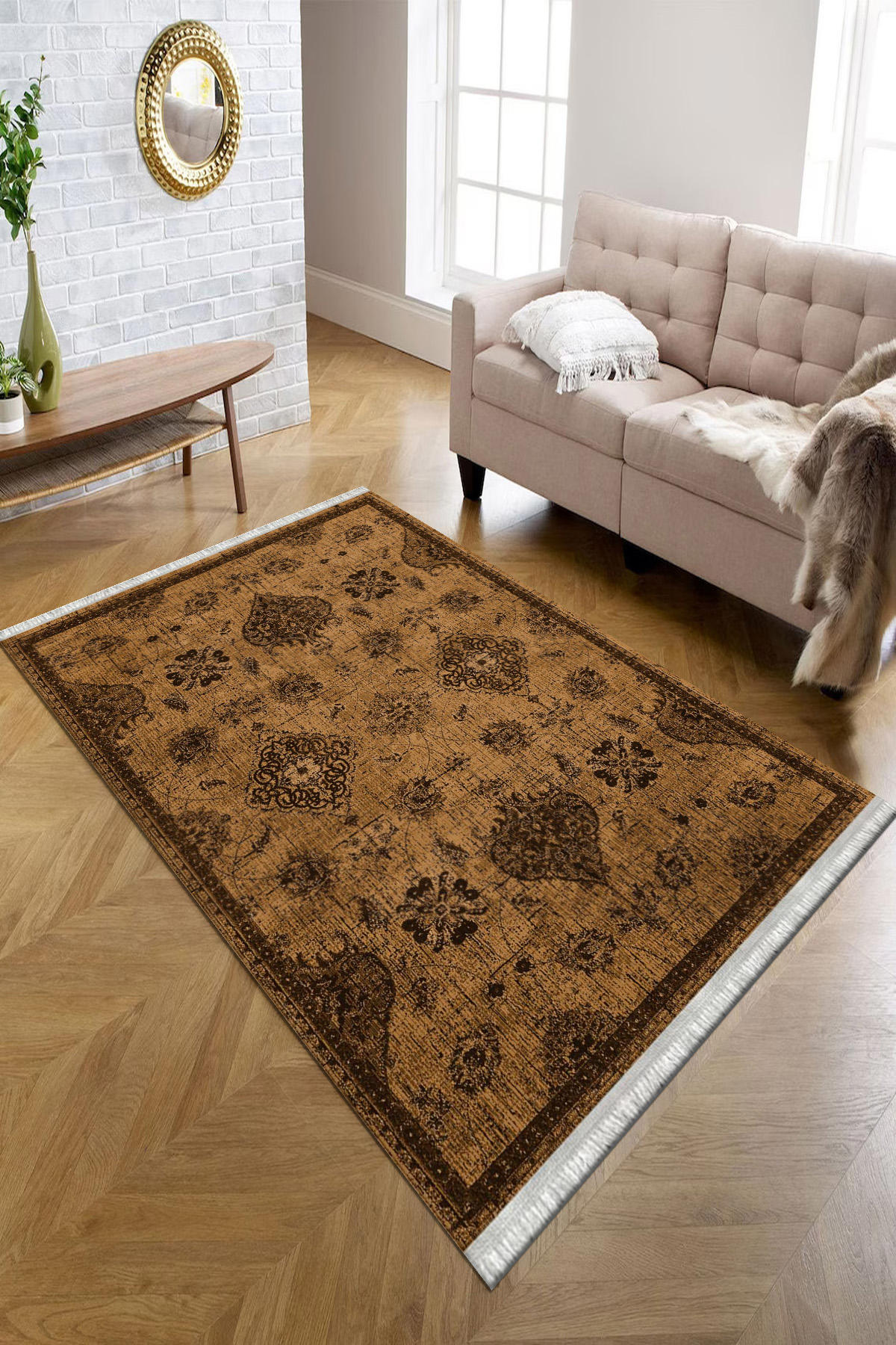 Kreatif Halı Kahverengi 4 mm Polyester Antibakteriyel Yıkanabilir İnce Kaymaz Dot Taban Çiçek Desenli Dikdörtgen Makine Dokuma Salon Halısı 80x150 cm
