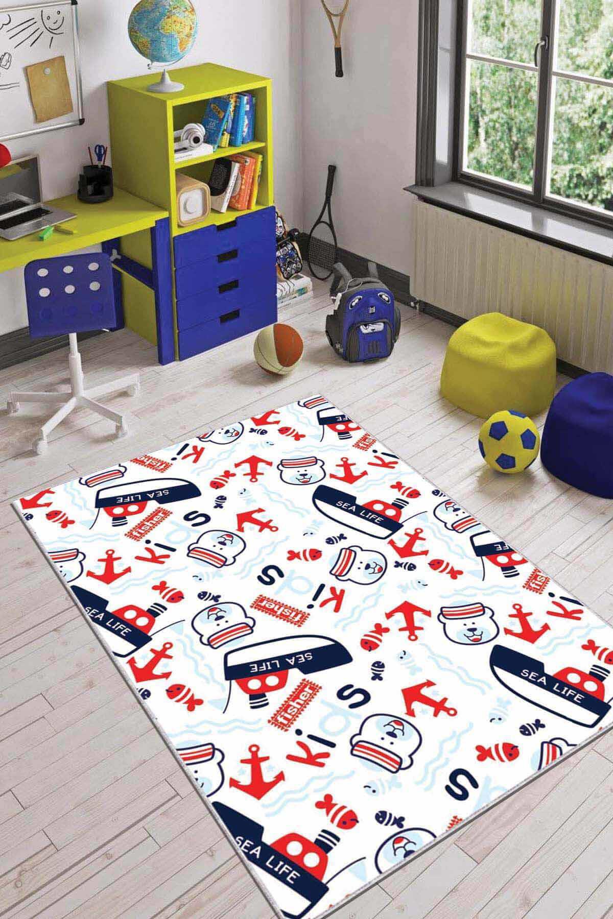 Viva Home AR025 Kırmızı 7 mm Mikropolyester Antibakteriyel Yıkanabilir İnce Kaymaz Taban Deniz Desenli Dikdörtgen Makine Dokuma Çocuk Odası Halısı 75x100 cm