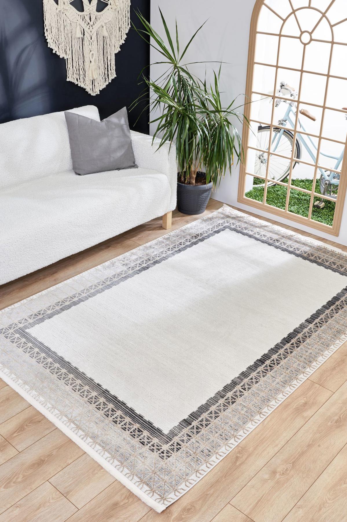 Apex Savannah 9004 Krem Pamuk Yıkanabilir İnce Kaymaz Jüt Taban Dikdörtgen Makine Dokuma Salon Halısı 140x220 cm
