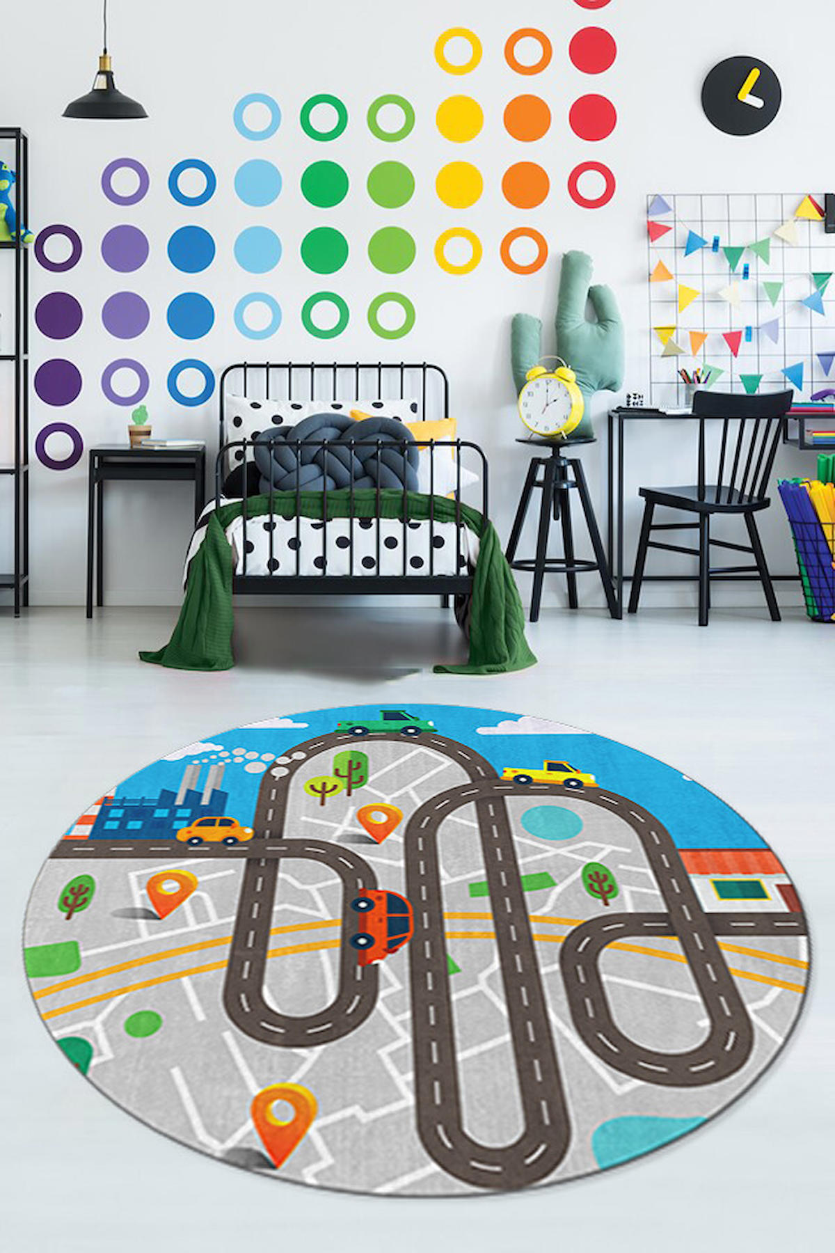 Homefesto Krem 5 mm Polyester Leke Tutmaz Yıkanabilir İnce Kaymaz Taban Yuvarlak Makine Dokuma Çocuk Odası Halısı 100x150 cm
