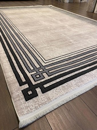 İlhanın Halıları Ekru - Siyah 15 mm Akrilik Kalın Kaymaz Taban Dikdörtgen Makine Dokuma Salon Halısı 120x180 cm