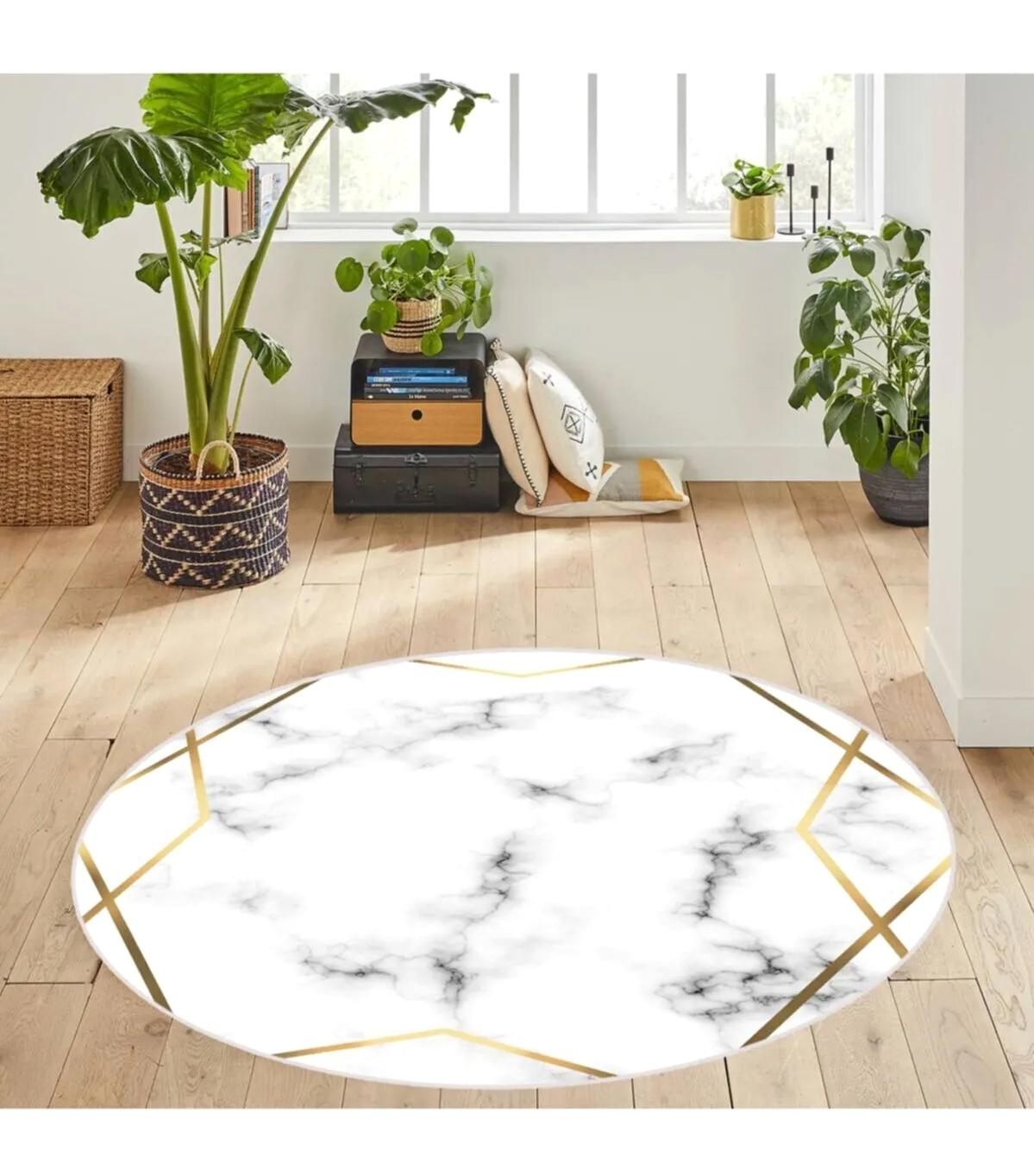 Rovigo Home RVG7115 Çok Renkli 8 mm Polyester Antibakteriyel-Leke Tutmaz-Toz Tutmaz Yıkanabilir İnce Kaymaz Dot Taban Yuvarlak Makine Dokuma Salon Halısı 180x180 cm