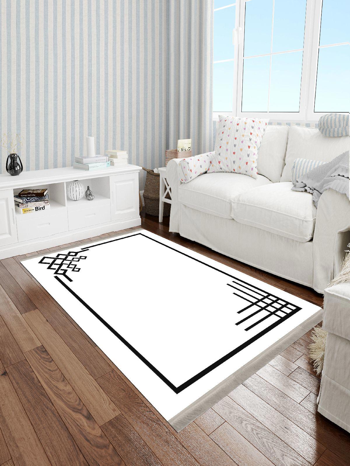 Enbe Collection E-KS3093D Krem 5 mm Pamuk Antibakteriyel Yıkanabilir Orta Kaymaz Dot Taban Dikdörtgen Makine Dokuma Oturma Odası Halısı 80x150 cm