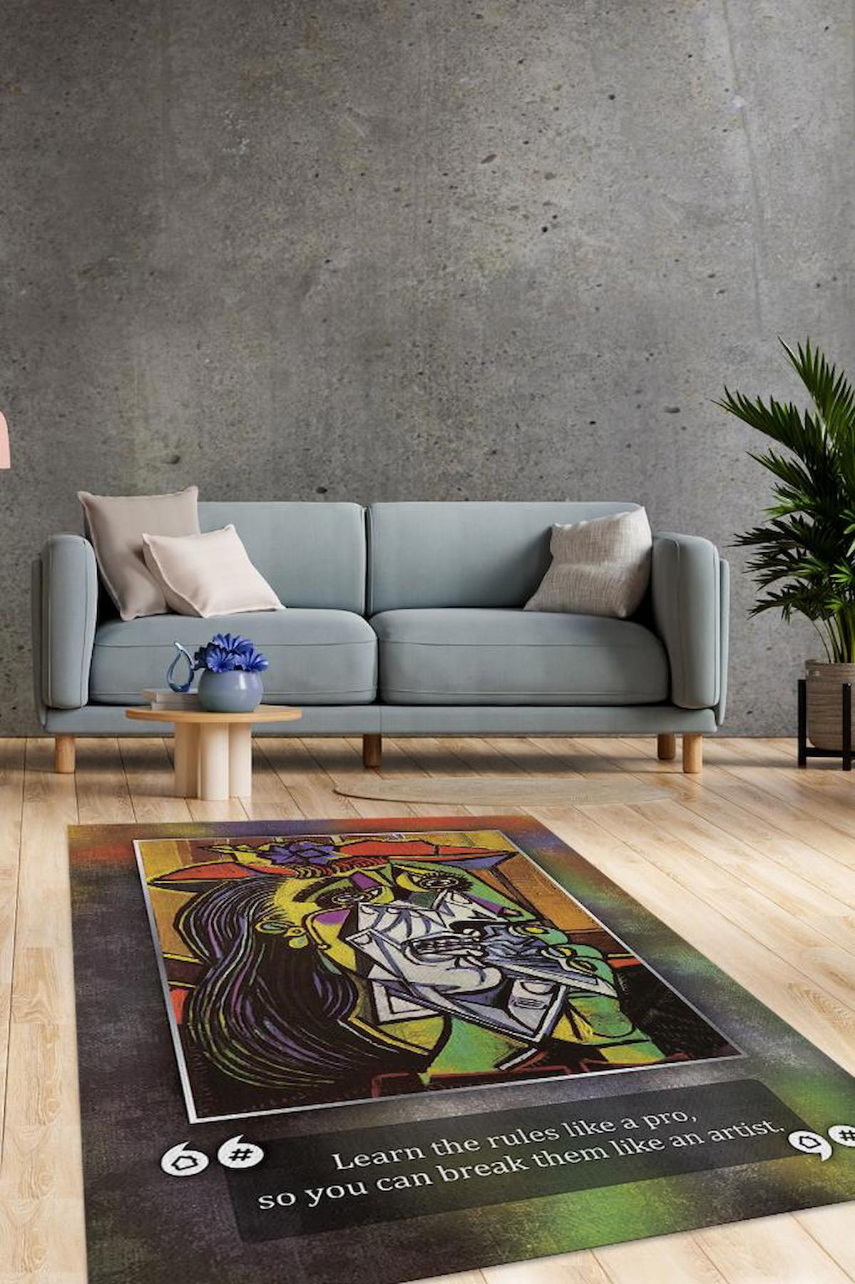 Homshtag Ağlayan Kadın Picasso Krem 4 mm Pamuk Antistatik Yıkanabilir İnce Kaymaz Dikdörtgen Makine Dokuma Salon Halısı 200x290 cm