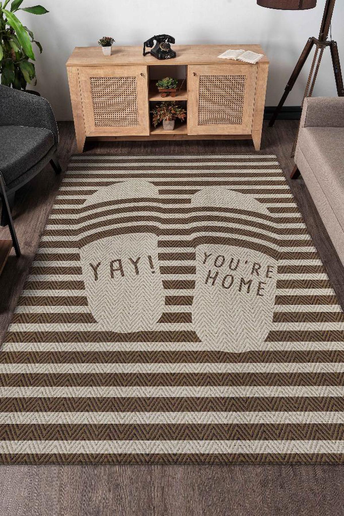 Homshtag Oley Evdeyim Krem 4 mm Pamuk Antistatik Yıkanabilir İnce Kaymaz Dikdörtgen Makine Dokuma Salon Halısı 100x300 cm