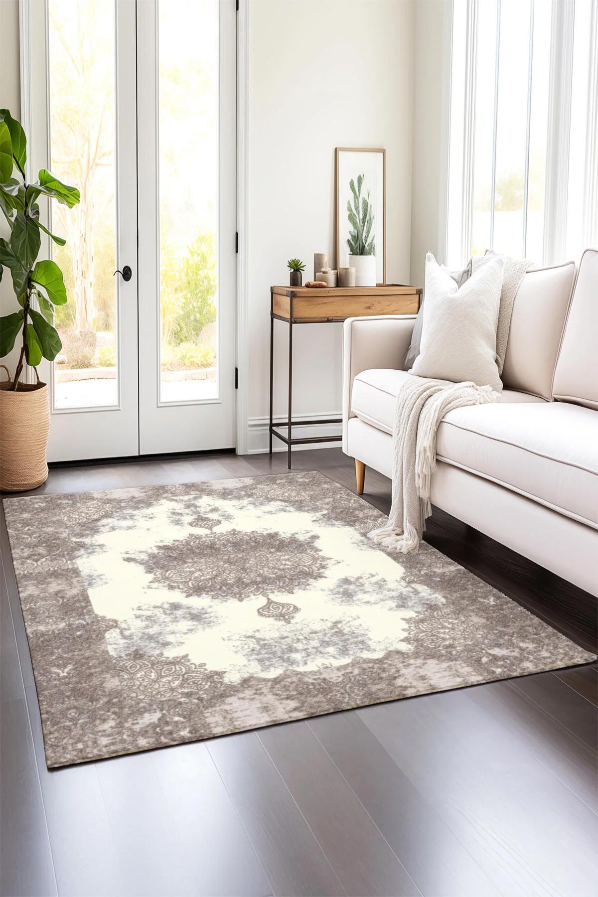 Comotex Krem 7 mm Polyester Antibakteriyel Yıkanabilir Kalın Kaymaz Taban Dikdörtgen Makine Dokuma Salon Halısı 200x400 cm