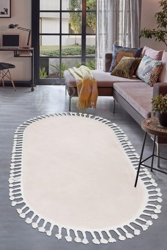 Dijidekor Lux Krem 20 mm Peluş Antibakteriyel Yıkanabilir Orta Kaymaz Dot Taban Oval Makine Dokuma Salon Halısı 80x500 cm