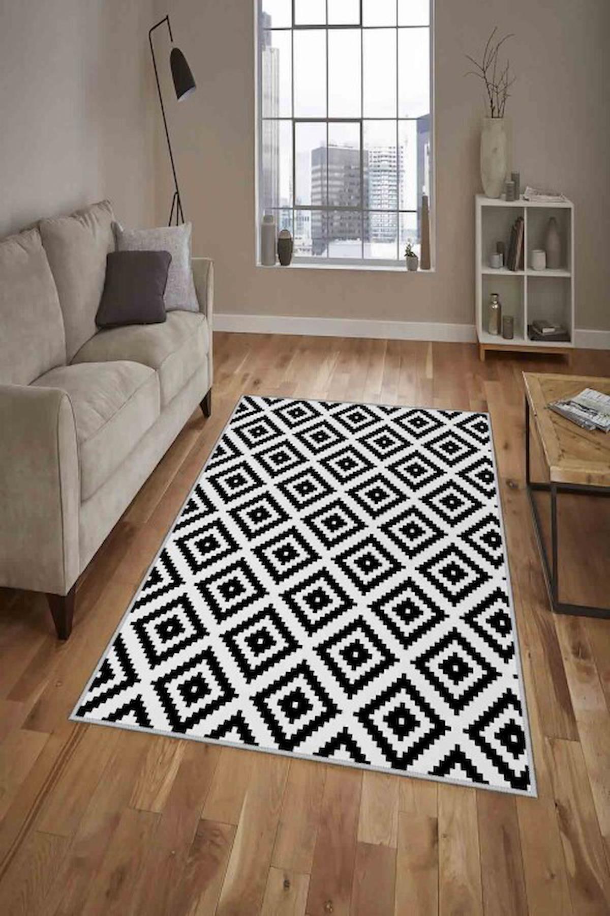 Homefesto Krem 5 mm Polyester Leke Tutmaz Yıkanabilir İnce Kaymaz Taban Geometrik Dikdörtgen Makine Dokuma Salon Halısı 80x300 cm