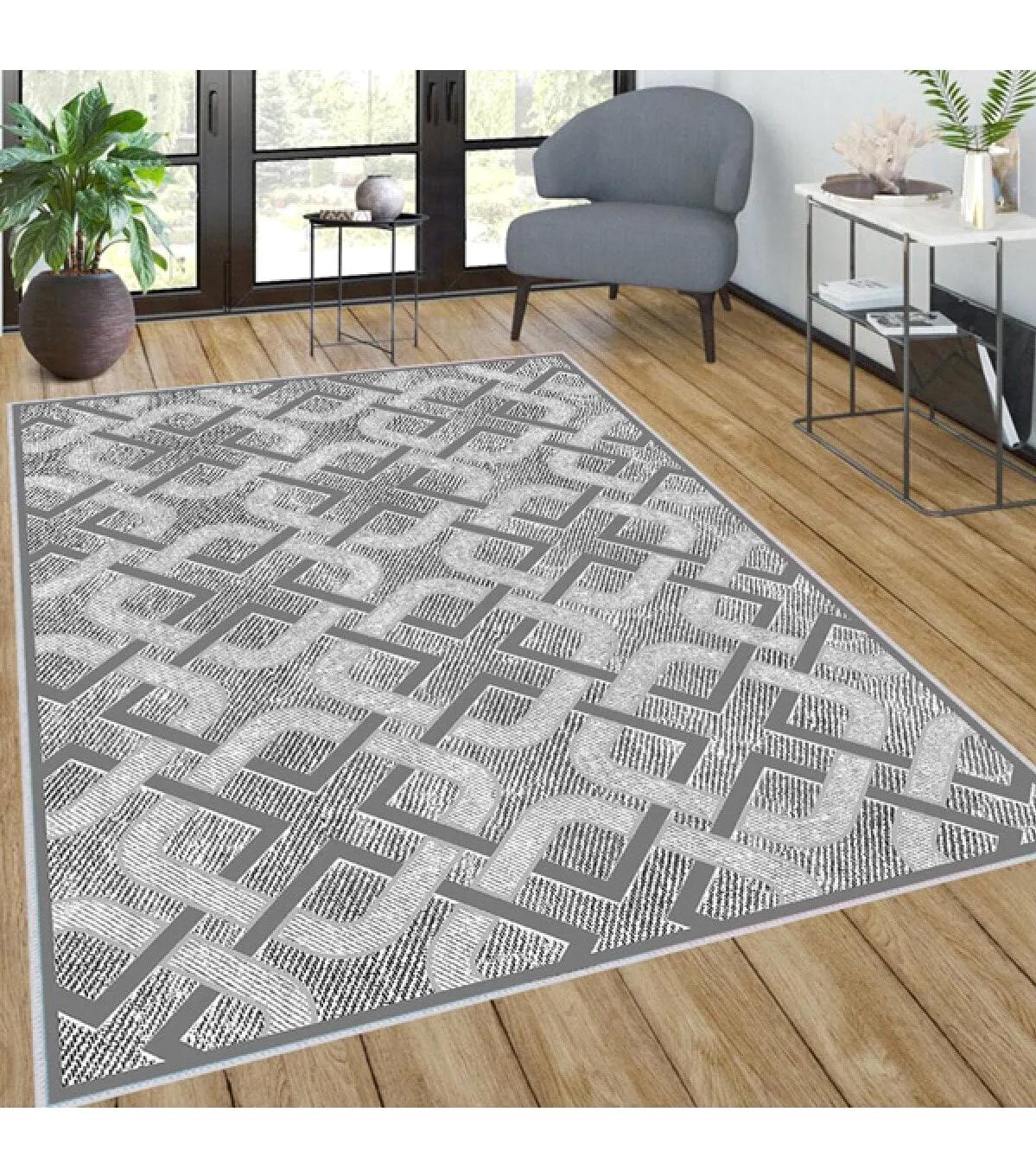 Rovigo Home RVG0031-SD1002 Gri 8 mm Polyester Antibakteriyel Yıkanabilir Orta Kaymaz Dot Taban Dikdörtgen Makine Dokuma Salon Halısı 200x300 cm