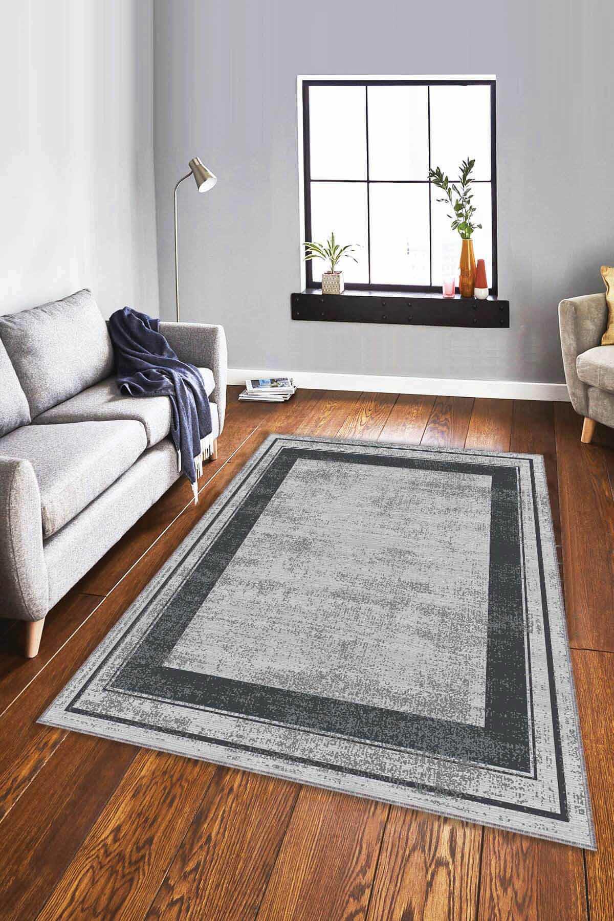 Viva Home AR399 Gri 7 mm Mikropolyester Toz Tutmaz Yıkanabilir İnce Kaymaz Dot Taban Dikdörtgen Makine Dokuma Salon Halısı 80x300 cm