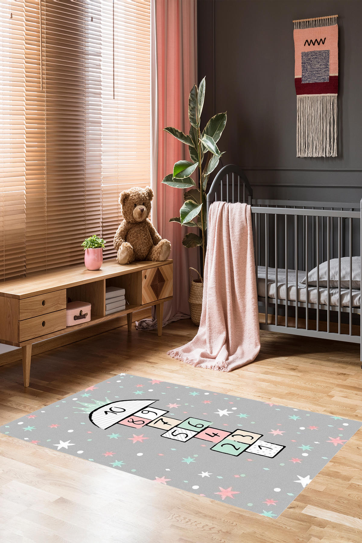 Homier Collection H-CK-10157A Gri 9 mm Pamuk Antibakteriyel Yıkanabilir Orta Kaymaz Dikdörtgen Makine Dokuma Çocuk Odası Halısı 80x200 cm