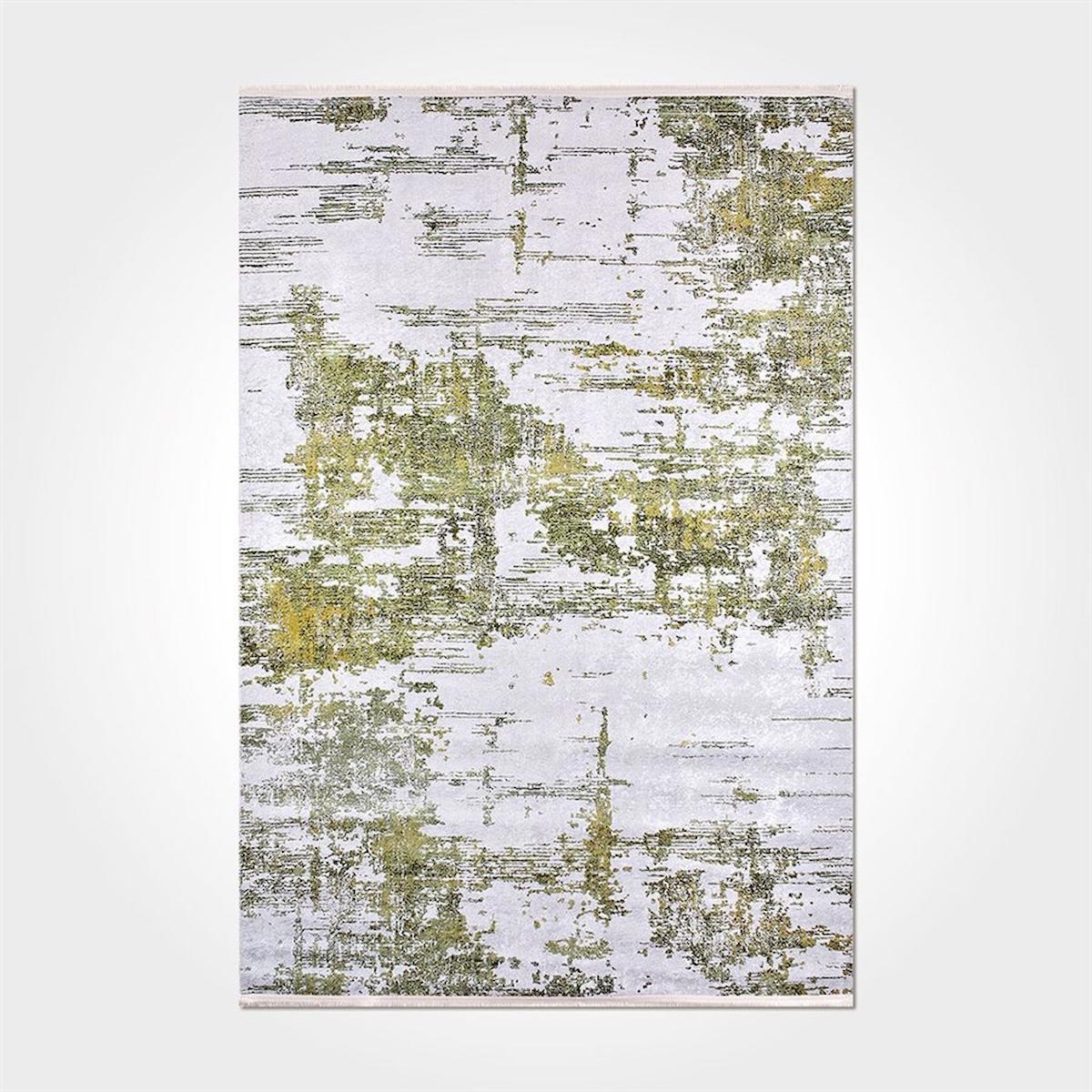 Crea Halı 2120PC Yeşil Pamuk-Polyester Yıkanabilir İnce Kaymaz Pamuk Taban Soyut Temalı Dikdörtgen Makine Dokuma Salon Halısı 140x200 cm