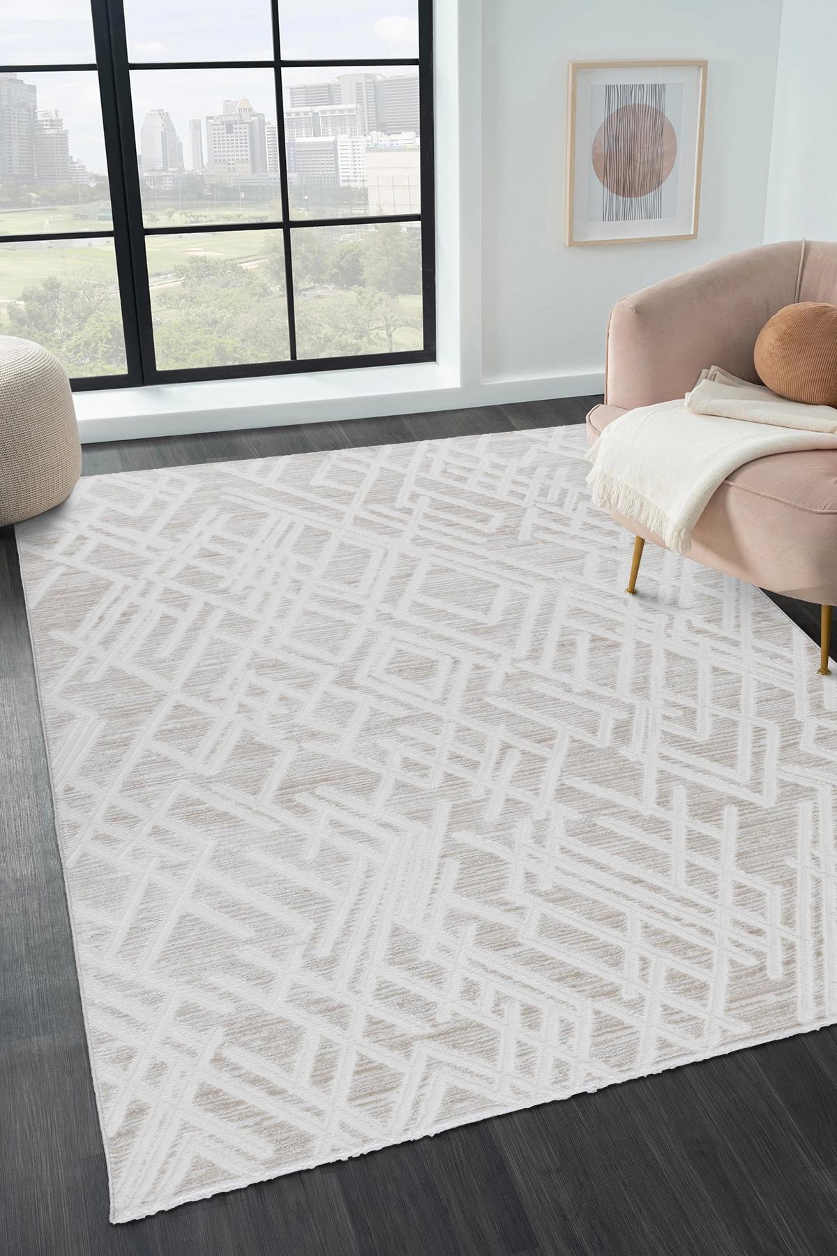 Şehrazat Home 1320 Bej-Krem 0.9 mm Polyester Antibakteriyel Yıkanabilir İnce Kaymaz Dikdörtgen Makine Dokuma Salon Halısı 60x100 cm
