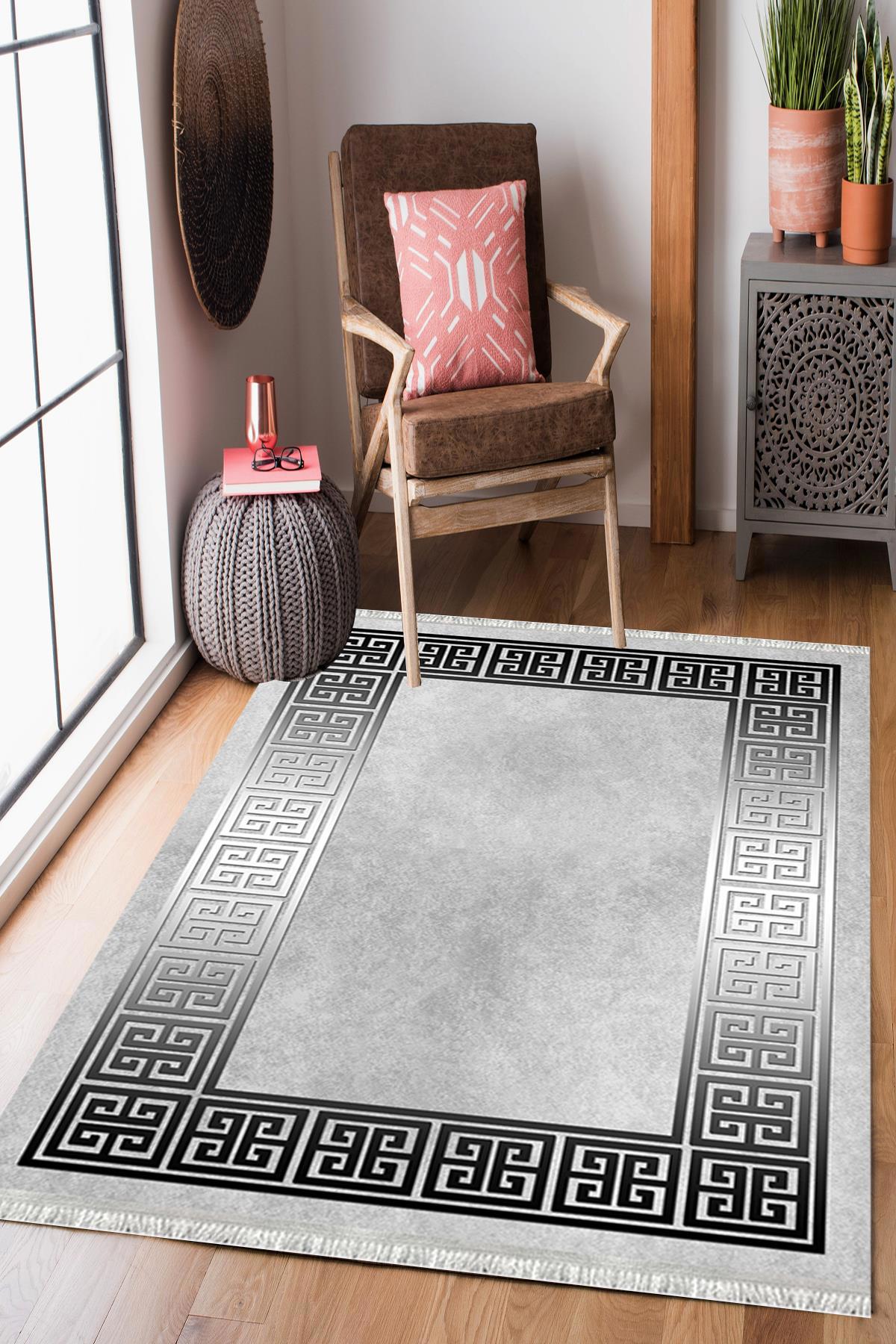 Enbe Collection E-MD0157 Gri 5 mm Pamuk Silinebilir Yıkanabilir Orta Kaymaz Dot Taban Dikdörtgen Makine Dokuma Oturma Odası Halısı 120x180 cm
