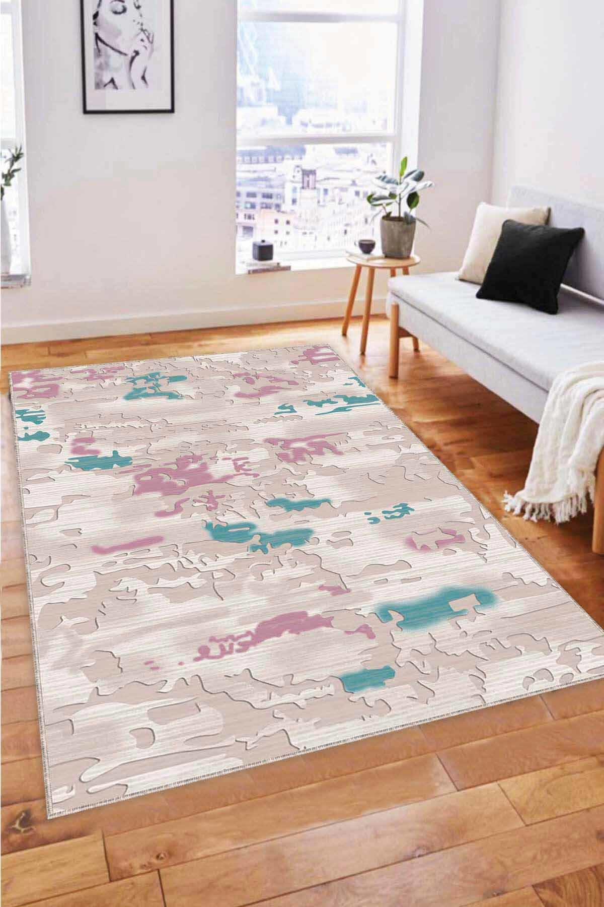Viva Home NU003 Pembe-Turkuaz 7 mm Mikropolyester Leke Tutmaz Yıkanabilir İnce Kaymaz Dot Taban Dikdörtgen Makine Dokuma Salon Halısı 120x300 cm