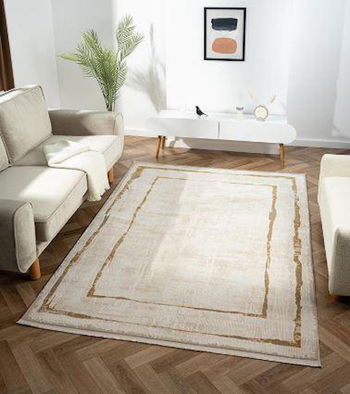 Çam Halı Karen KN009B Altın 7 mm Polyester Silinebilir Yıkanabilir Orta Dikdörtgen Makine Dokuma Salon Halısı 100x200 cm