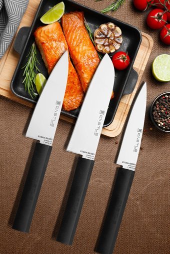 CASTLE KITCHEN Storm Serisi 3 Parça Mutfak Bıçak Seti Santaku Şef Et Ekmek Sebze Meyve Bıçak