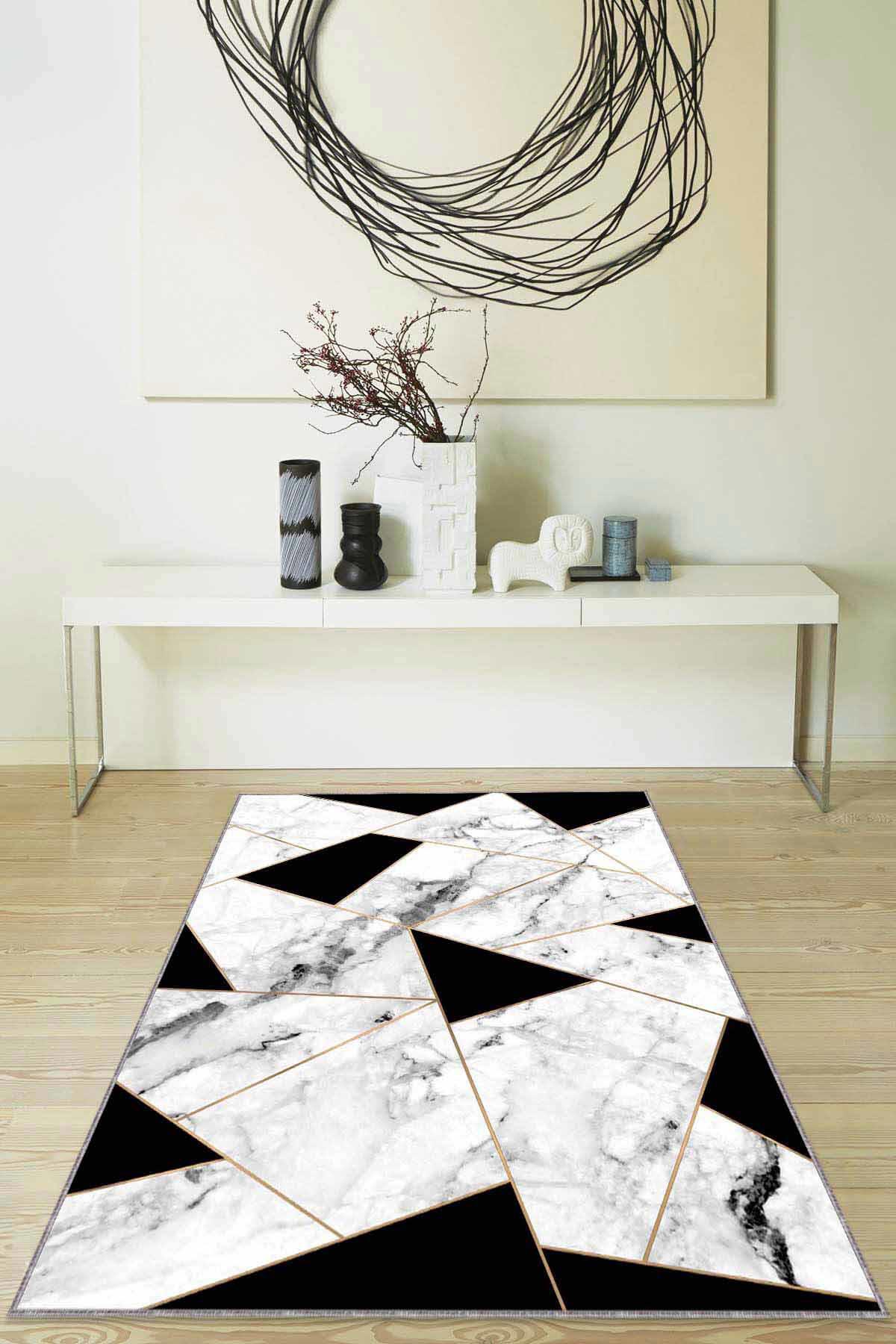 Viva Home RV165 Siyah 7 mm Mikropolyester Antibakteriyel Yıkanabilir İnce Kaymaz Lateks Taban Dikdörtgen Makine Dokuma Salon Halısı 100x300 cm