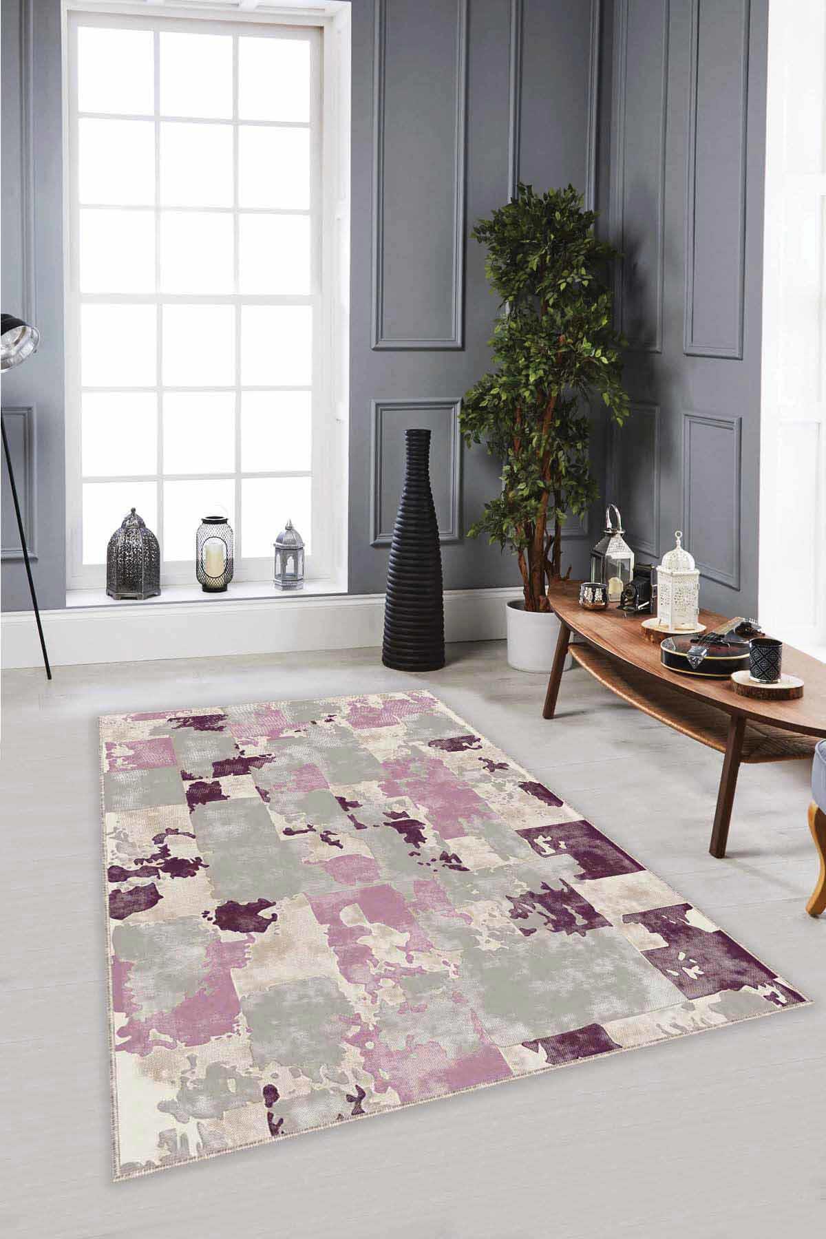 Viva Home SU04 Çok Renkli 7 mm Mikropolyester Yıkanabilir İnce Kaymaz Dikdörtgen Makine Dokuma Salon Halısı 140x200 cm
