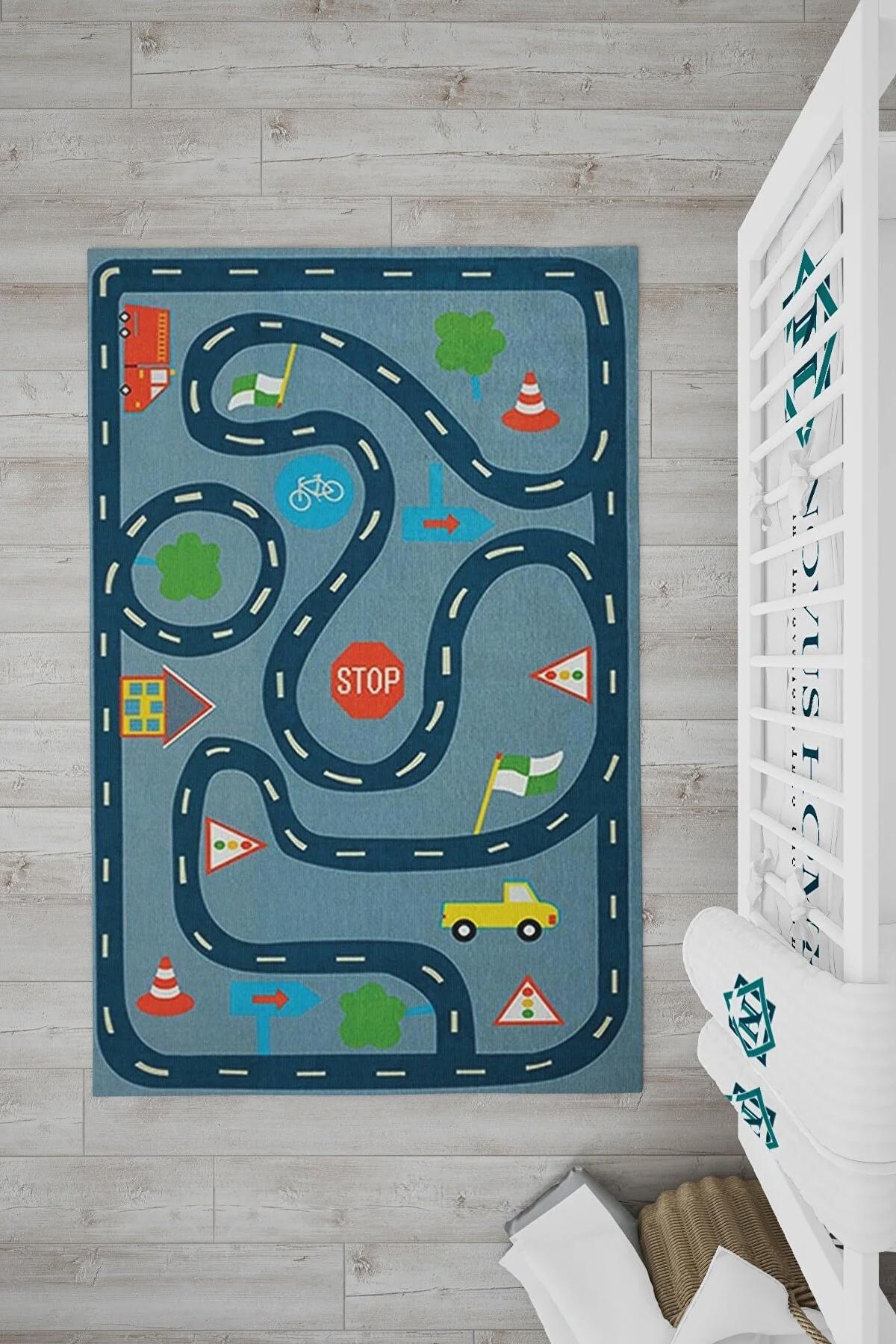 Novus Home Verona Serisi Lacivert 6 mm Polyester Antibakteriyel-Toz Tutmaz-Yalıtıma Yardımcı Yıkanabilir İnce Kaymaz Taban Dikdörtgen Makine Dokuma Çocuk Odası Halısı 140x200 cm