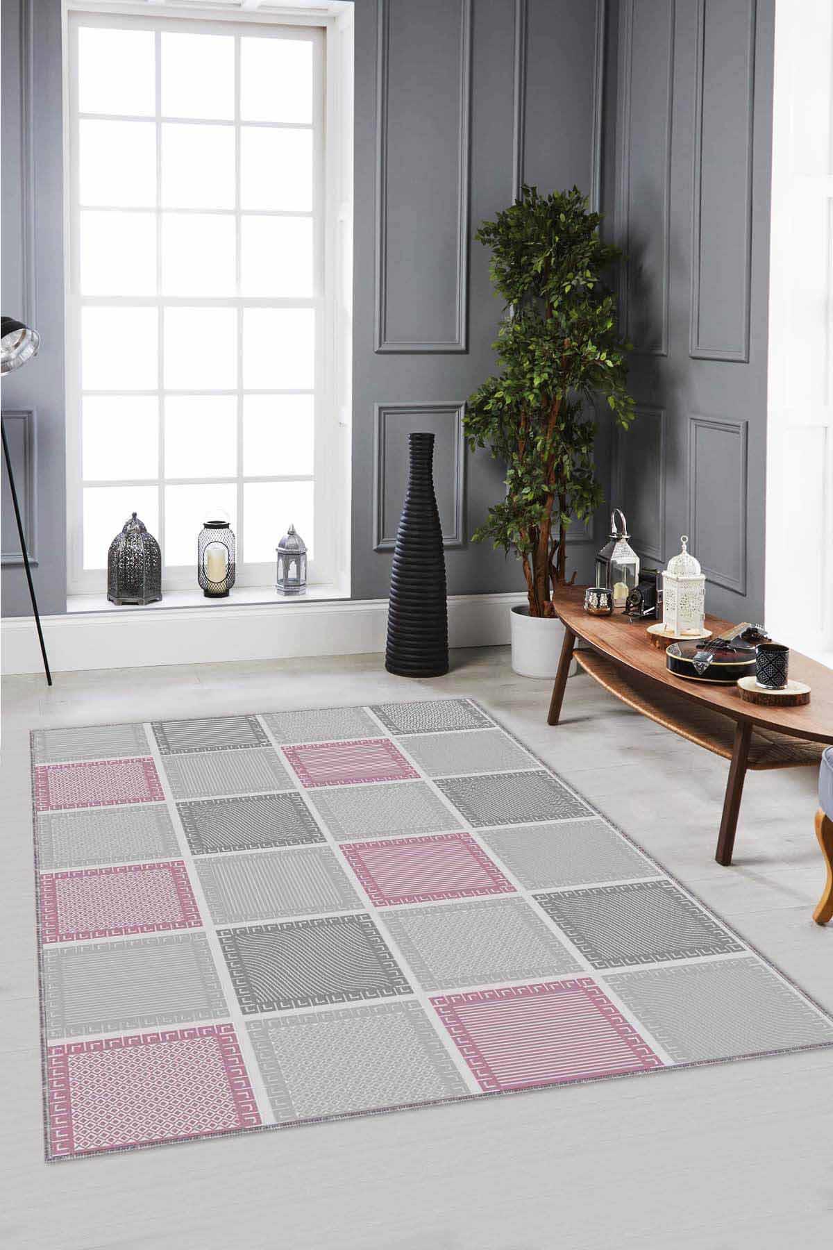 Viva Home DM09 Pembe 7 mm Mikropolyester Antibakteriyel Yıkanabilir İnce Kaymaz Dot Taban Dikdörtgen Makine Dokuma Salon Halısı 180x280 cm