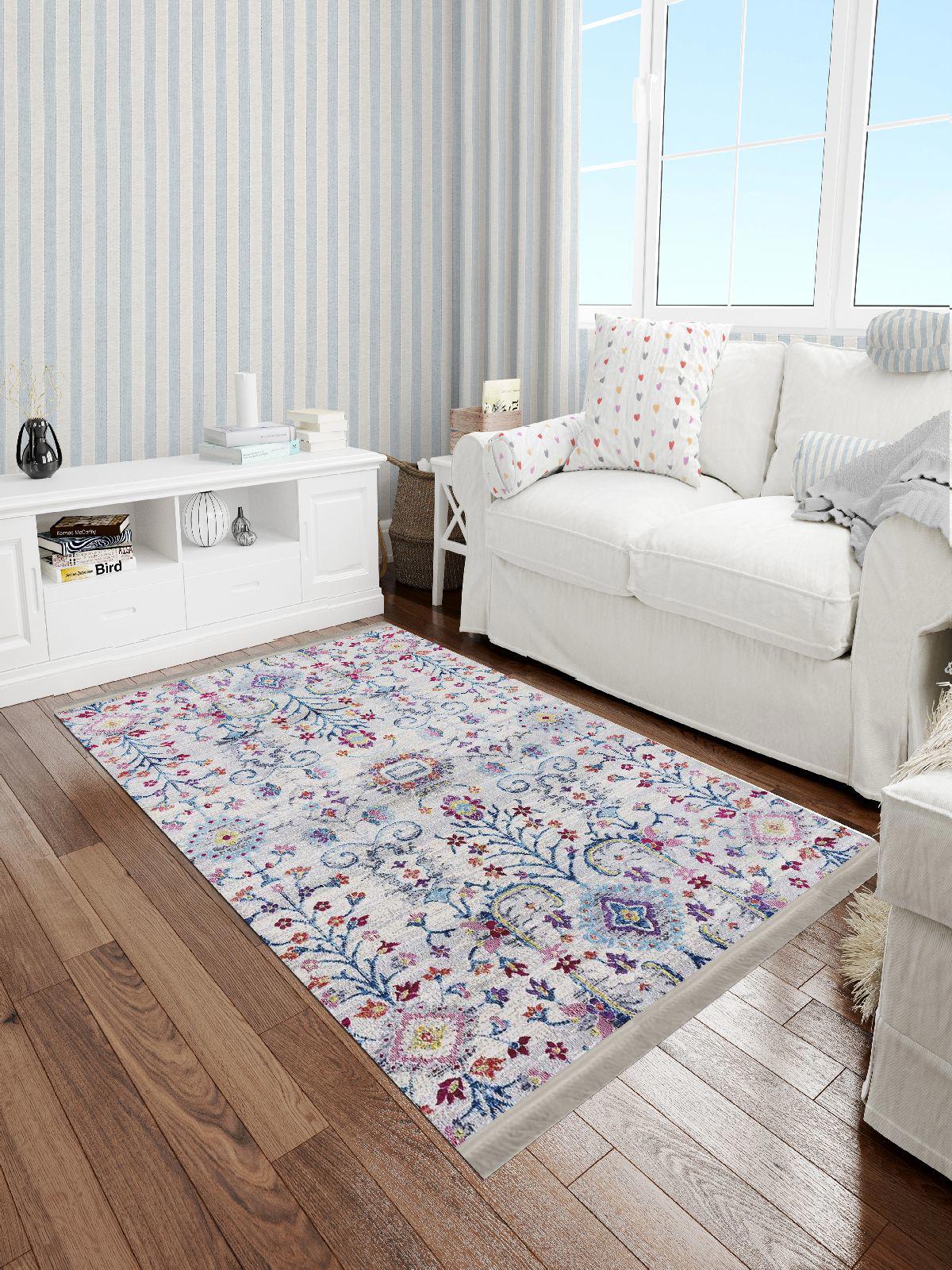 Enbe Collection E-OT4228A Krem 5 mm Pamuk Antibakteriyel Yıkanabilir Orta Kaymaz Dot Taban Dikdörtgen Makine Dokuma Oturma Odası Halısı 80x120 cm