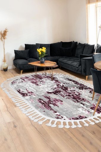 Dijidekor Mor 20 mm Peluş Antibakteriyel Yıkanabilir Kalın Kaymaz Dot Taban Oval Makine Dokuma Salon Halısı 80x500 cm