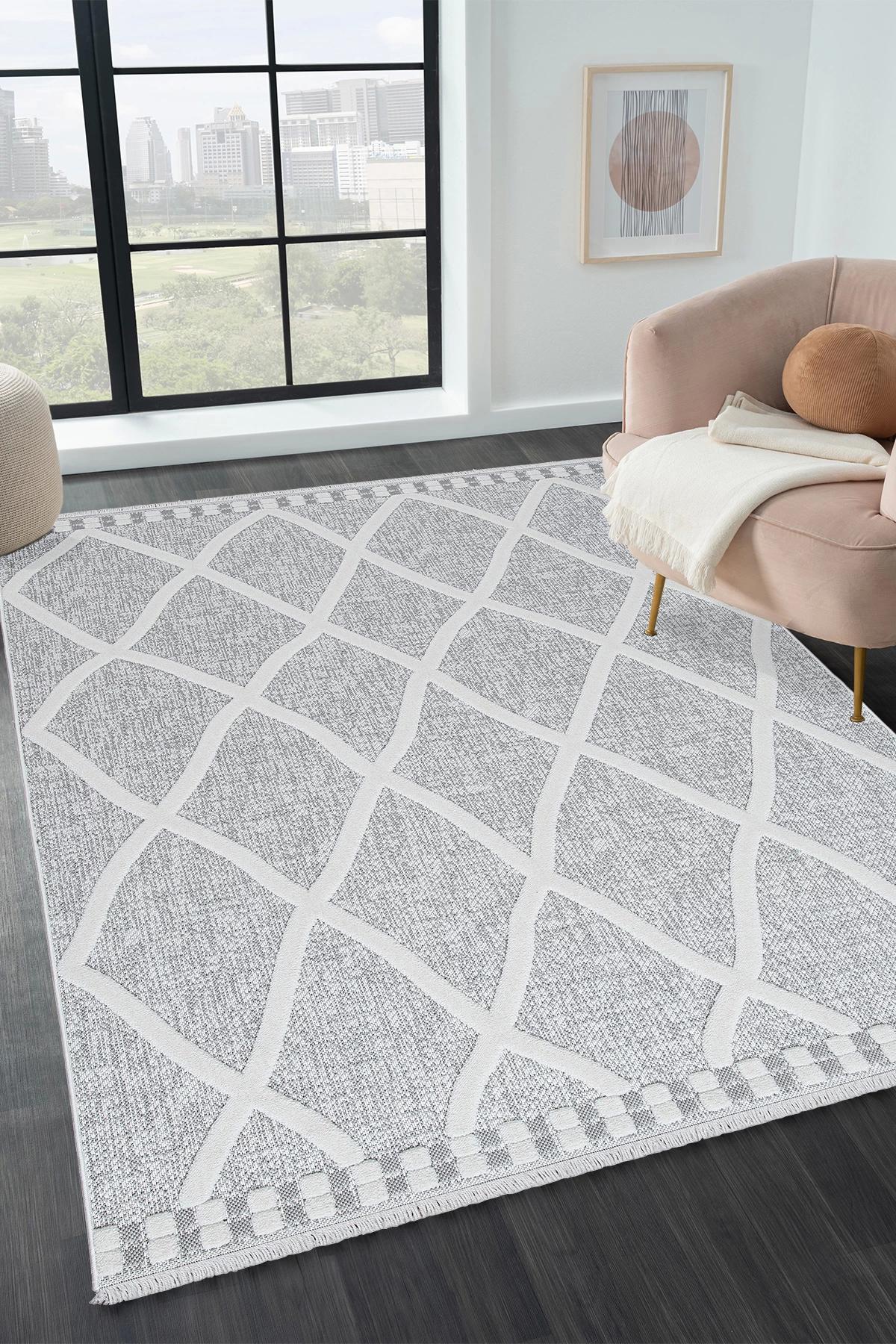 Şehrazat Home 11405 Gri Pamuk Yıkanabilir İnce Kaymaz Jüt Taban Dikdörtgen Makine Dokuma Salon Halısı 180x280 cm