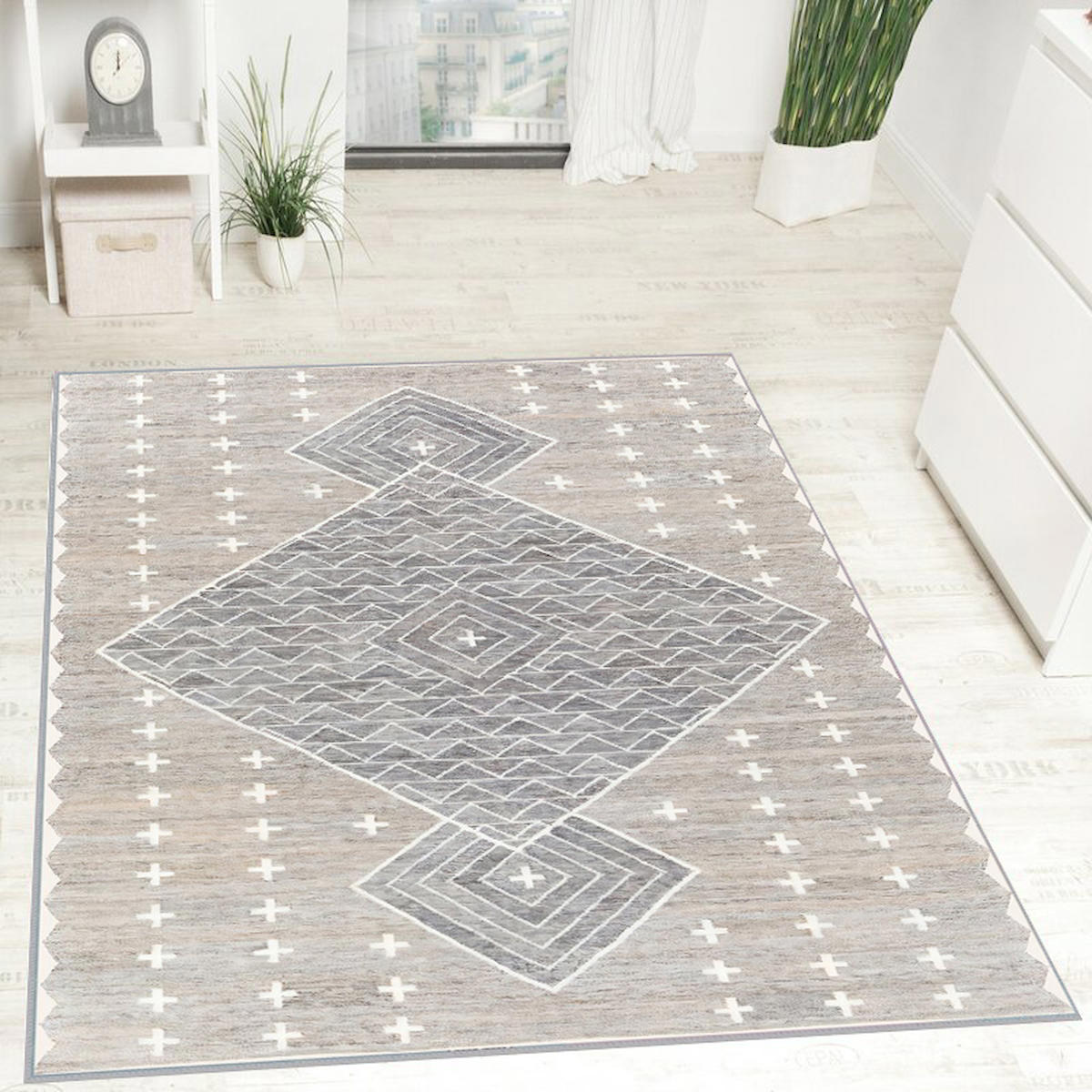 Rovigo Home RVG0727 Krem 8 mm Polyester Antibakteriyel-Leke Tutmaz-Toz Tutmaz Yıkanabilir İnce Kaymaz Dot Taban Dikdörtgen Makine Dokuma Salon Halısı 80x200 cm