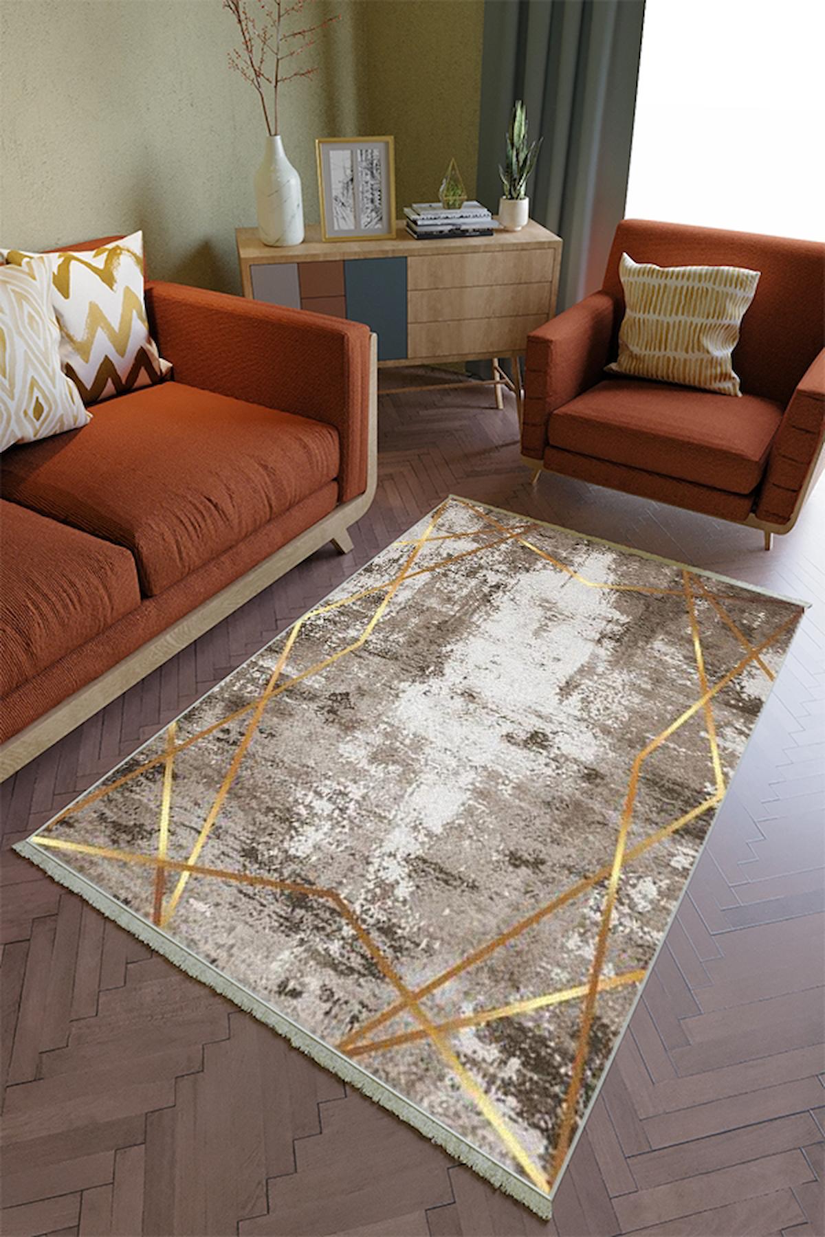 10 Post Online Kahverengi 4 mm Polyester Yıkanabilir Kalın Kaymaz Taban Dikdörtgen Makine Dokuma Salon Halısı 140x230 cm