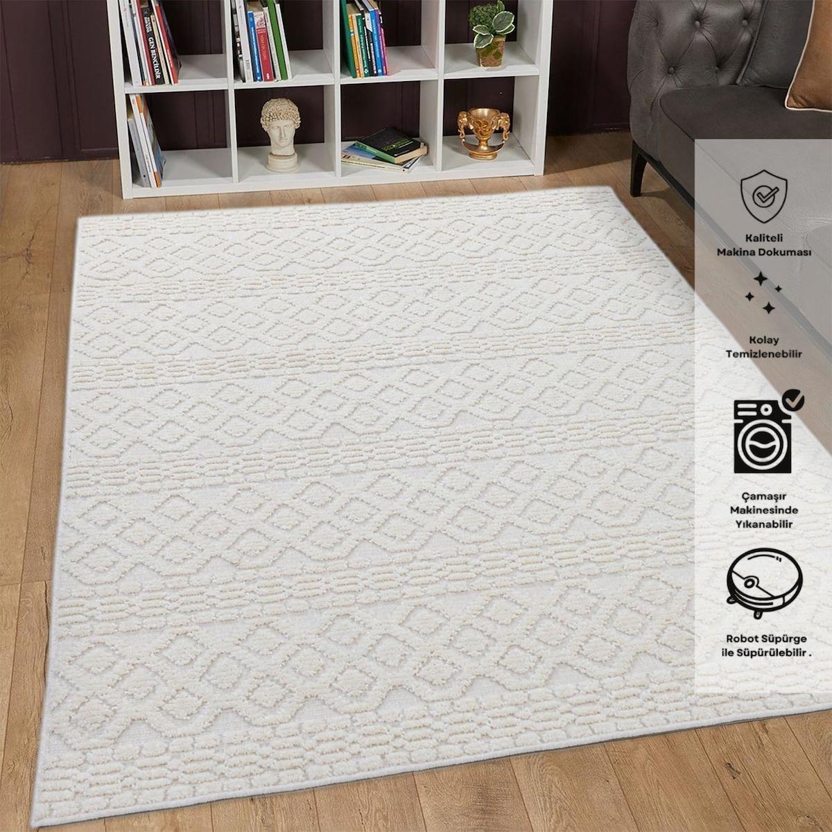 Giza Home Chenille Krem 8 mm Polipropilen Toz Tutmaz Yıkanabilir Orta Pamuk Taban Geometrik Dikdörtgen Makine Dokuma Salon Halısı 100x200 cm