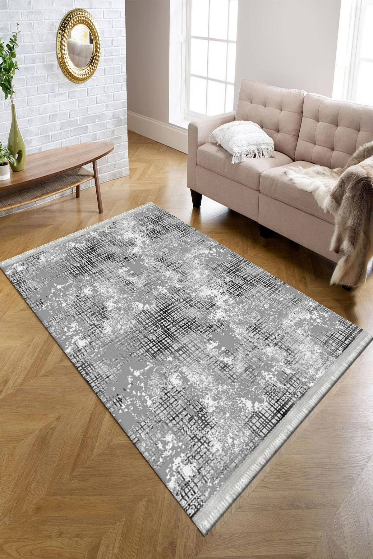 Kreatif Halı Gri 4 mm Polyester Antibakteriyel Yıkanabilir İnce Kaymaz Dikdörtgen Makine Dokuma Salon Halısı 100x200 cm