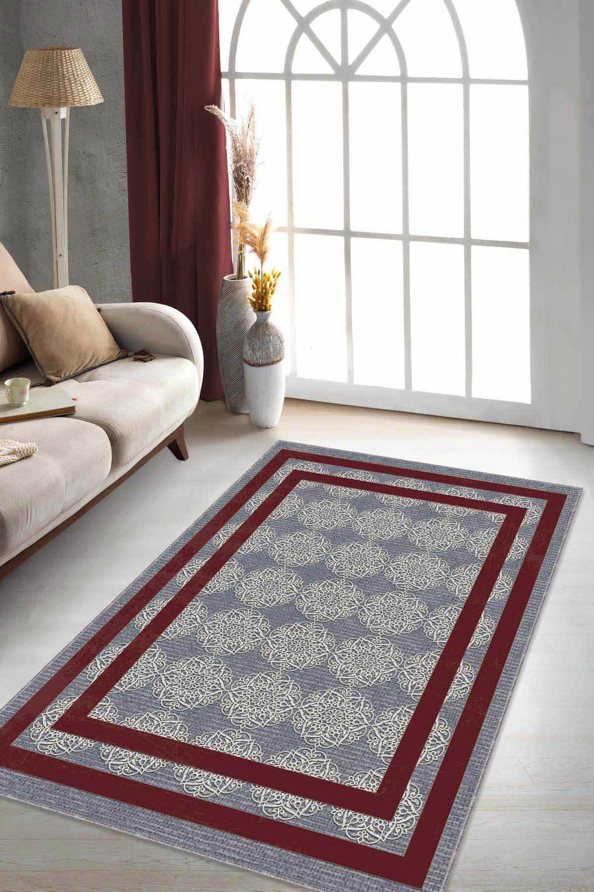 Viva Home RV087 Bordo 7 mm Mikropolyester Leke Tutmaz-Toz Tutmaz Yıkanabilir Orta Kaymaz Dot Taban Dikdörtgen Makine Dokuma Salon Halısı 100x200 cm