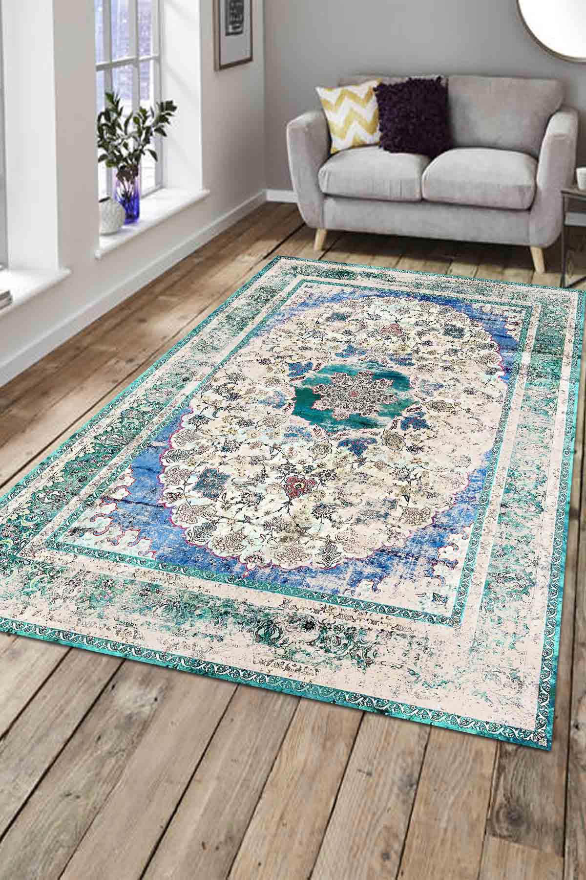 Aida Home Pergamox Krem 0.5 mm Pamuk Antibakteriyel Yıkanabilir İnce Kaymaz Şönil Taban Dikdörtgen Makine Dokuma Salon Halısı 150x200 cm