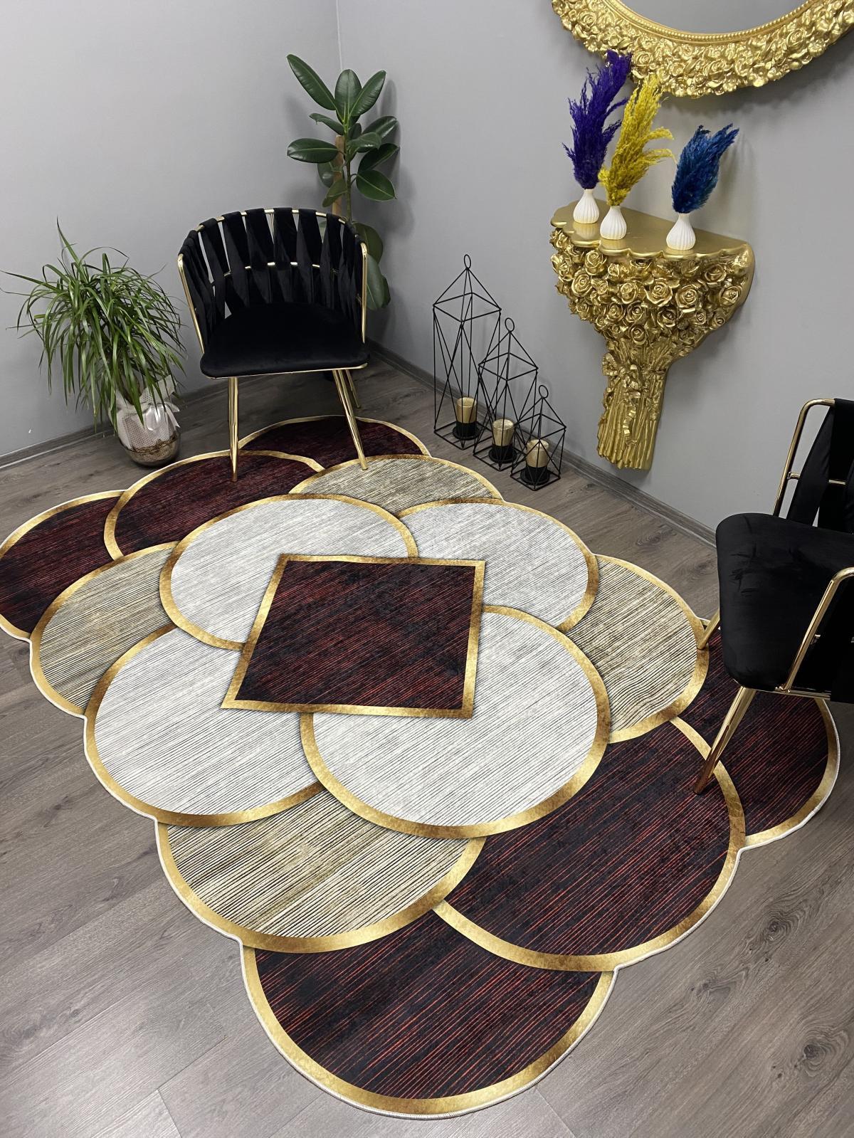 Halı Furyası Bordo - Krem 6 mm Pamuk Antibakteriyel Yıkanabilir İnce Kaymaz Lateks Taban Oval Makine Dokuma Salon Halısı 80x150 cm