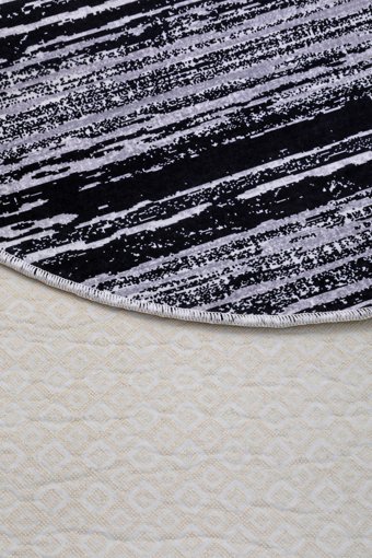 Dijidekor YM4700 Gri-Siyah 7 mm Polyester Yıkanabilir Orta Kaymaz Dot Taban Oval Makine Dokuma Salon Halısı 120x170 cm