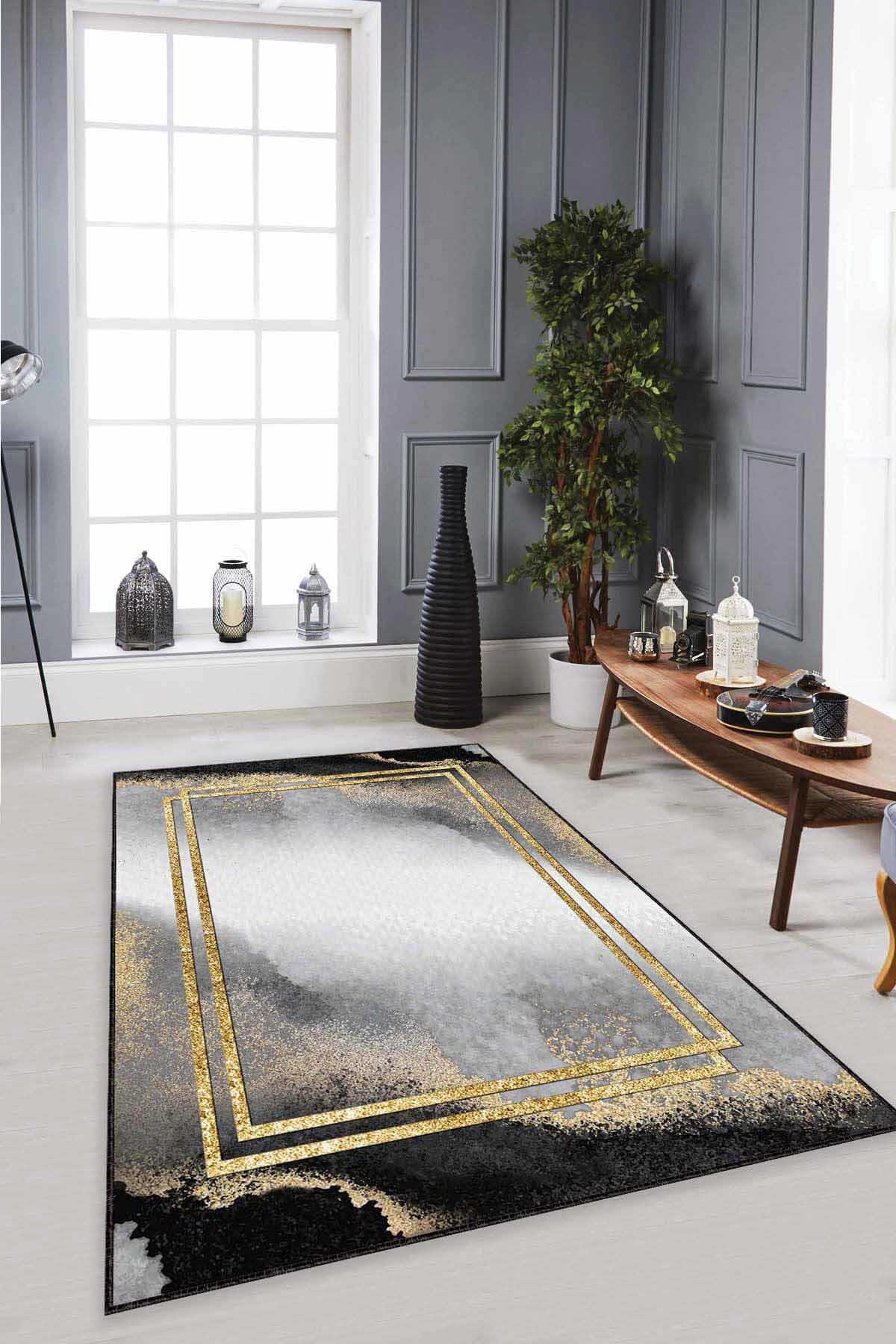 Viva Home RV354 Altın-Siyah 7 mm Mikropolyester Antibakteriyel Yıkanabilir Kalın Kaymaz Lateks Taban Dikdörtgen Makine Dokuma Salon Halısı 200x290 cm