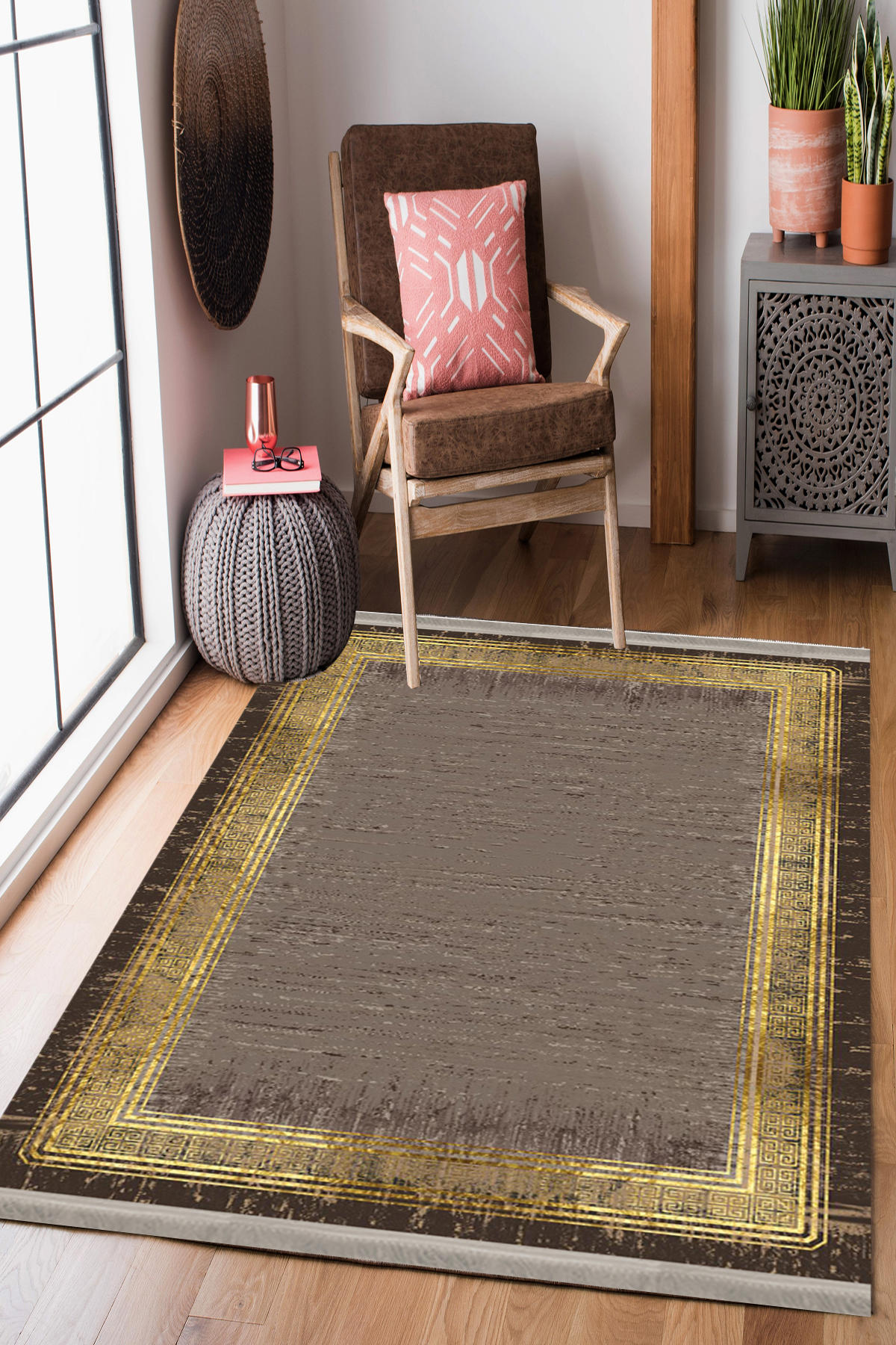 Homier Collection H-DK-5184A Altın-Gri 7 mm Pamuk Antibakteriyel Yıkanabilir Orta Kaymaz Dot Taban Dikdörtgen Makine Dokuma Salon Halısı 120x300 cm