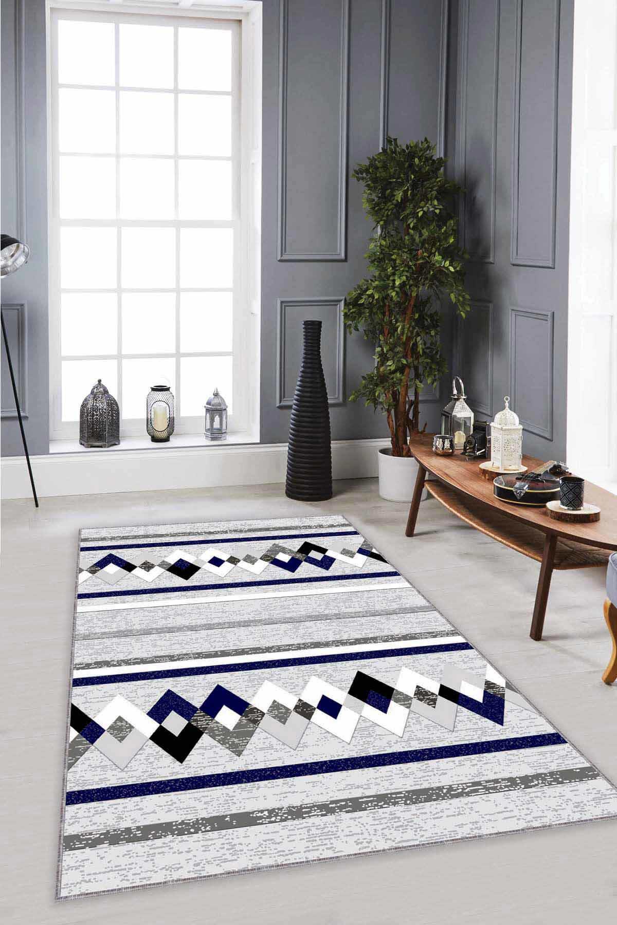 Viva Home RT08 Lacivert 7 mm Mikropolyester Antibakteriyel Yıkanabilir İnce Kaymaz Dot Taban Dikdörtgen Makine Dokuma Salon Halısı 100x200 cm