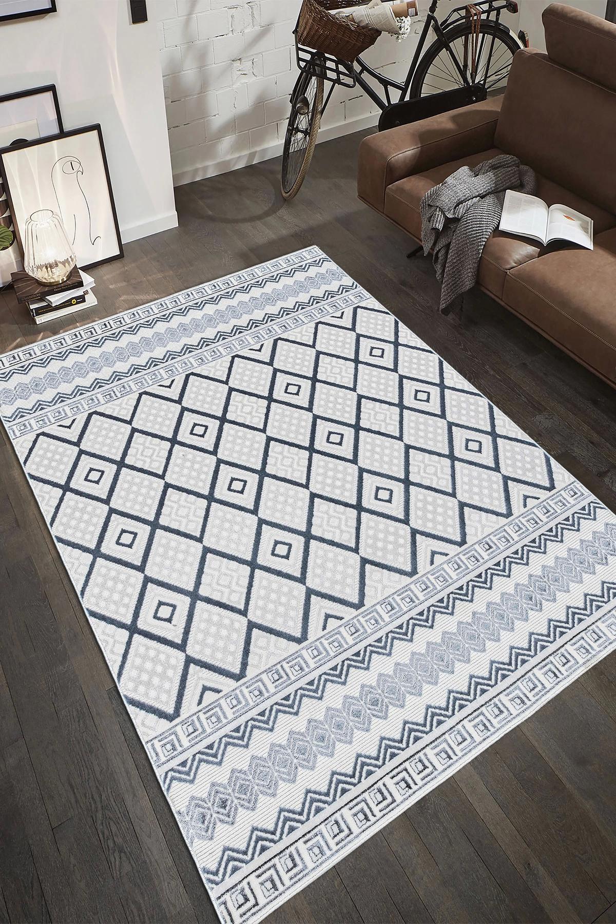 Şehrazat Home 1540 Gri-Krem 0.9 mm Polyester Antibakteriyel Yıkanabilir İnce Kaymaz Dikdörtgen Makine Dokuma Salon Halısı 80x300 cm