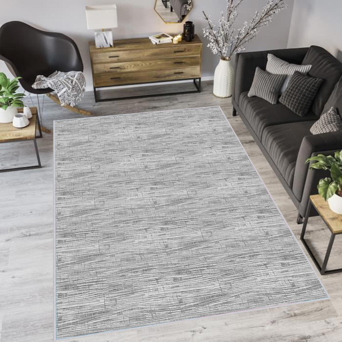 Rovigo Home RVG1114 Gri 8 mm Polyester Leke Tutmaz-Toz Tutmaz Yıkanabilir İnce Kaymaz Dot Taban Dikdörtgen Makine Dokuma Salon Halısı 40x60 cm